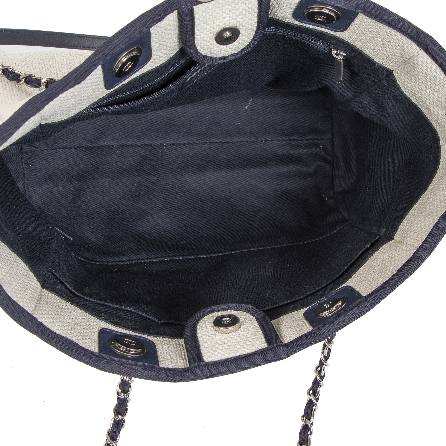 Authentieke Tweedehands Chanel Deauville Neutral Canvas Shoulder Tote Bag juiste prijs veilig online shoppen luxe merken webshop winkelen Antwerpen België mode fashion