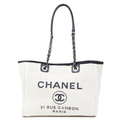 Authentic Secondhand Chanel Deauville Neutral Canvas Shoulder Tote Bag designer bags designer brands fashion luxury vintage webshop safe secure online shopping worldwide shipping delivery