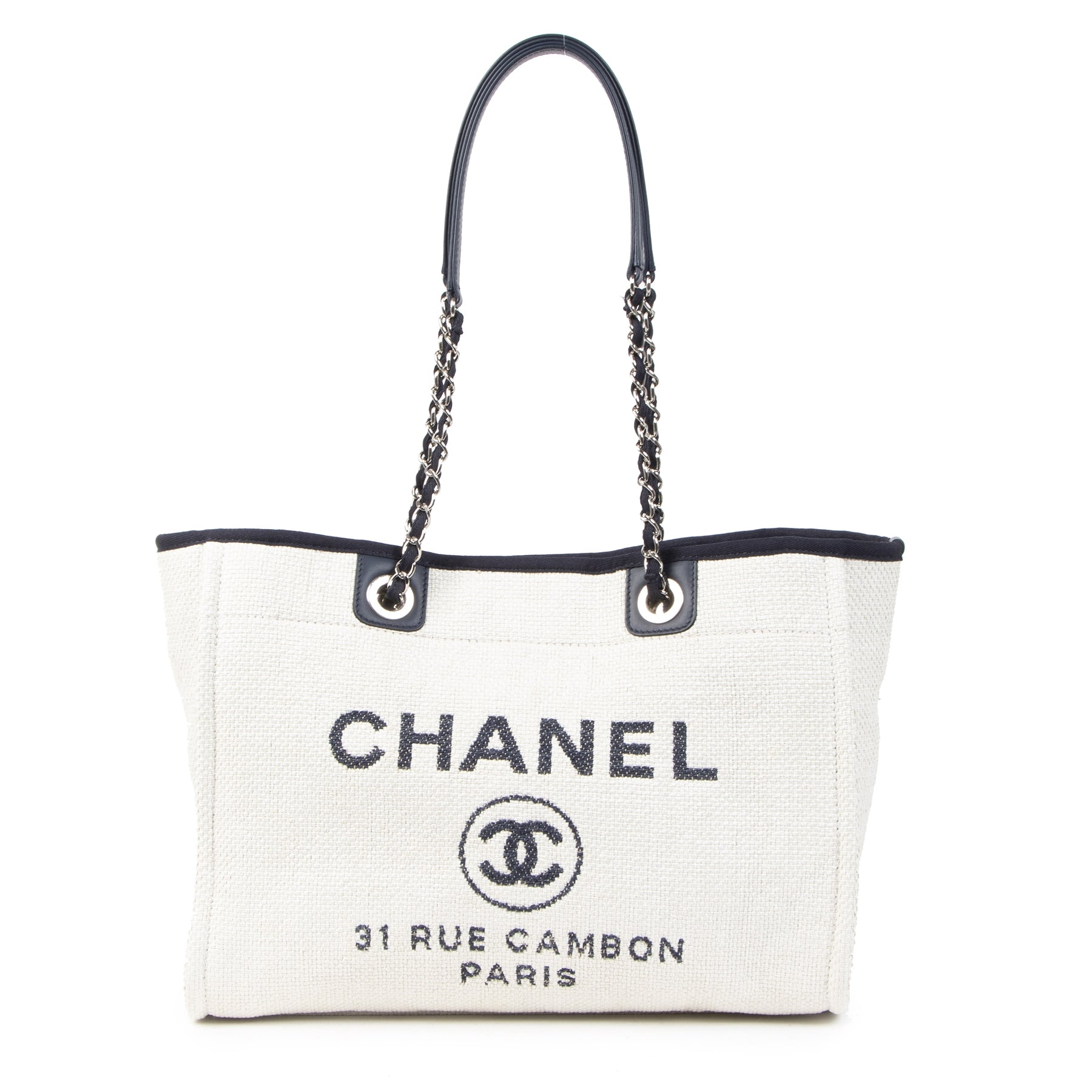 Authentic Secondhand Chanel Deauville Neutral Canvas Shoulder Tote Bag designer bags designer brands fashion luxury vintage webshop safe secure online shopping worldwide shipping delivery