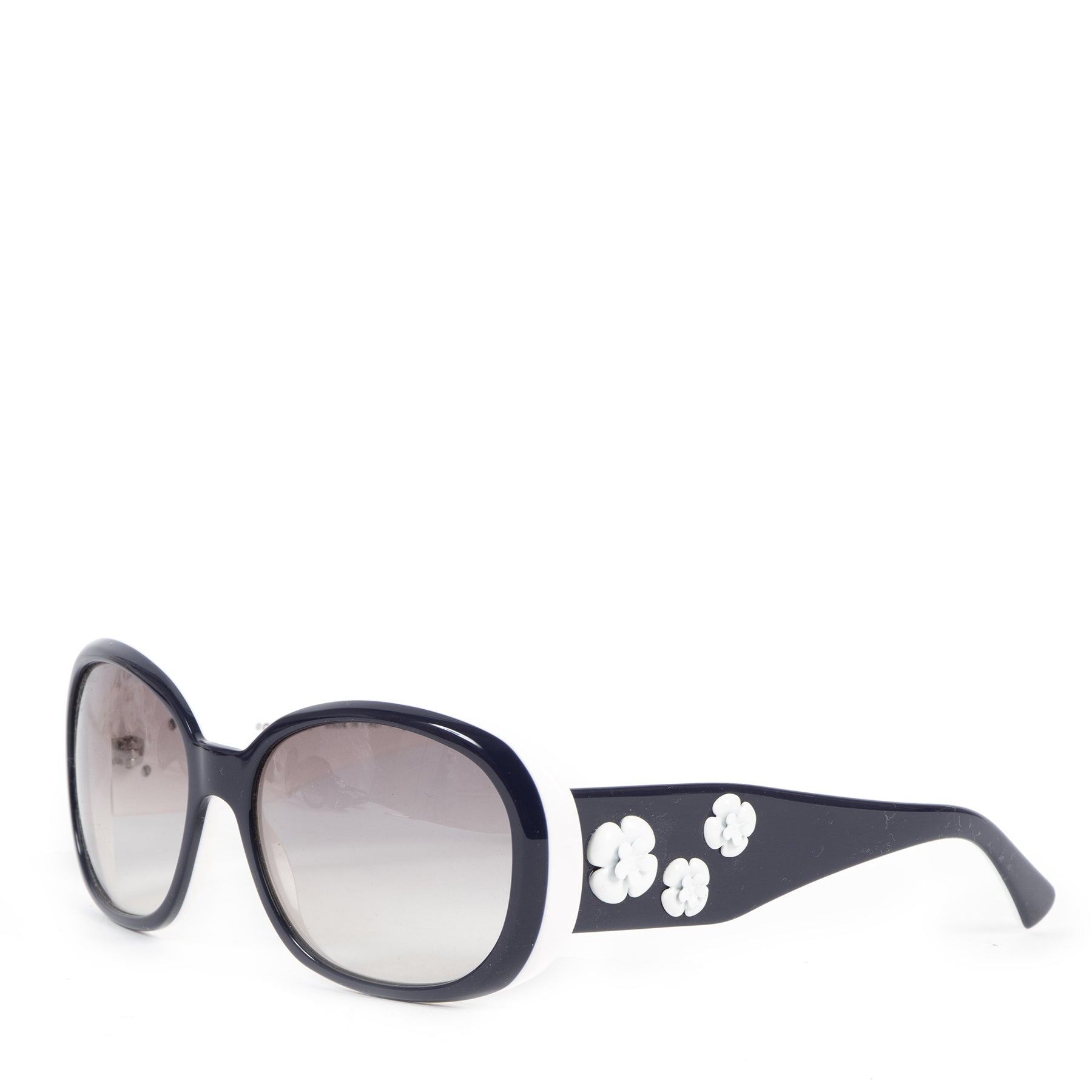 Authentieke Tweedehands Chanel White Blue Frame Camellia Flower Sunglasses juiste prijs veilig online shoppen luxe merken webshop winkelen Antwerpen België mode fashion