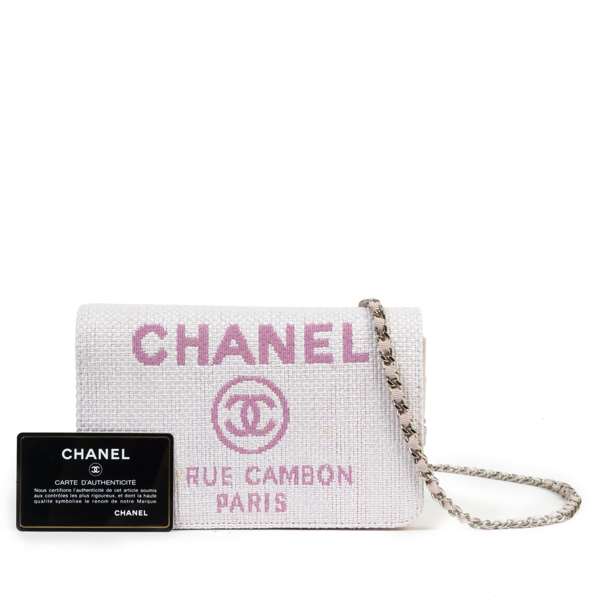 Authentic secondhand Chanel Pink Woven Straw Deauville Wallet on Chain designer bags luxury vintage webshop fashion safe secure online shopping