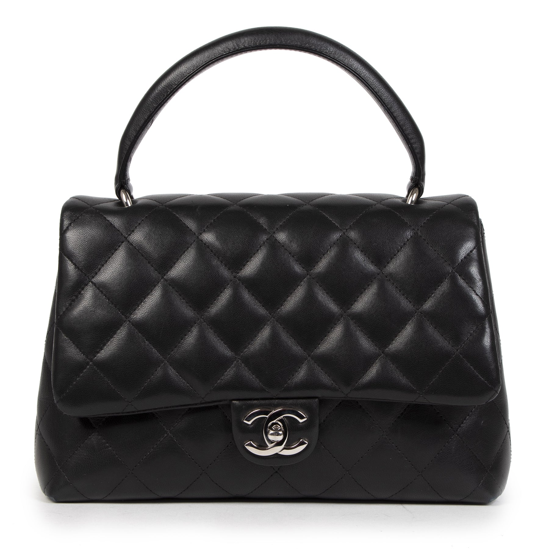 acheter en ligne seconde main Chanel Black Lambskin Kelly Satchel Top Handle Bag