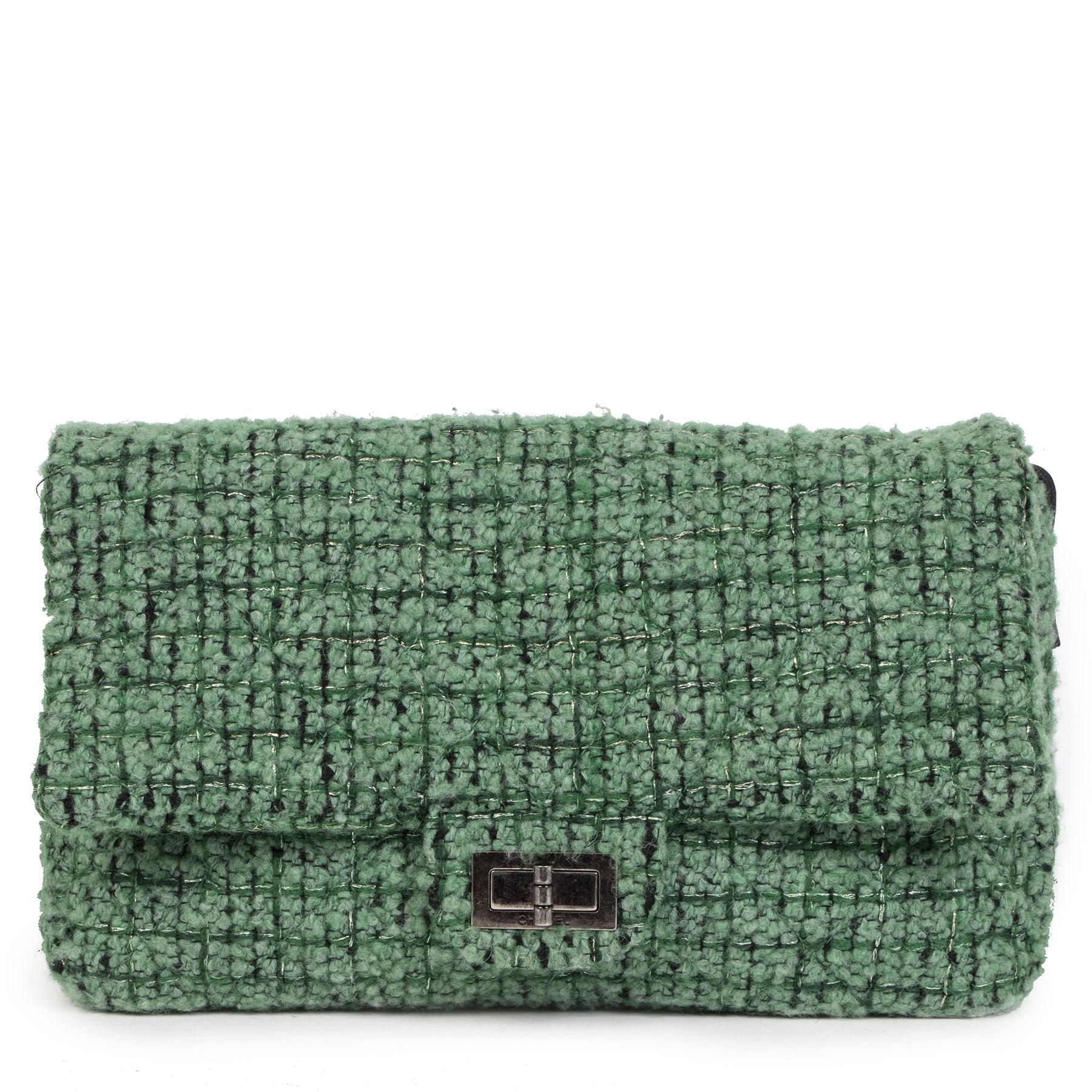 Buy Authentic Chanel Green Wool Fabric Flap Bag at the right price online safe and secure LabelLOV luxury brand Antwerp Belgium
