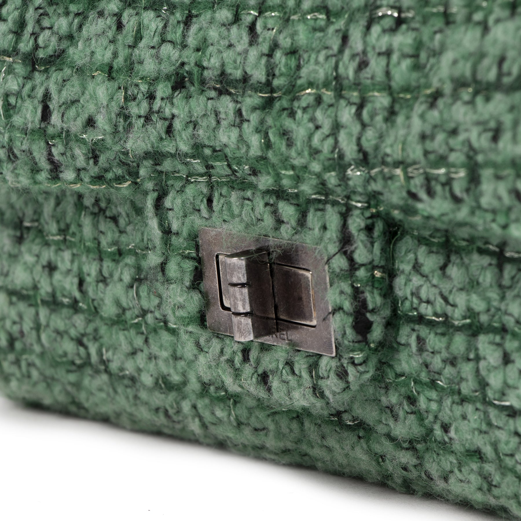 Buy Authentic Chanel Green Wool Fabric Flap Bag at the right price online safe and secure LabelLOV luxury brand Antwerp Belgium