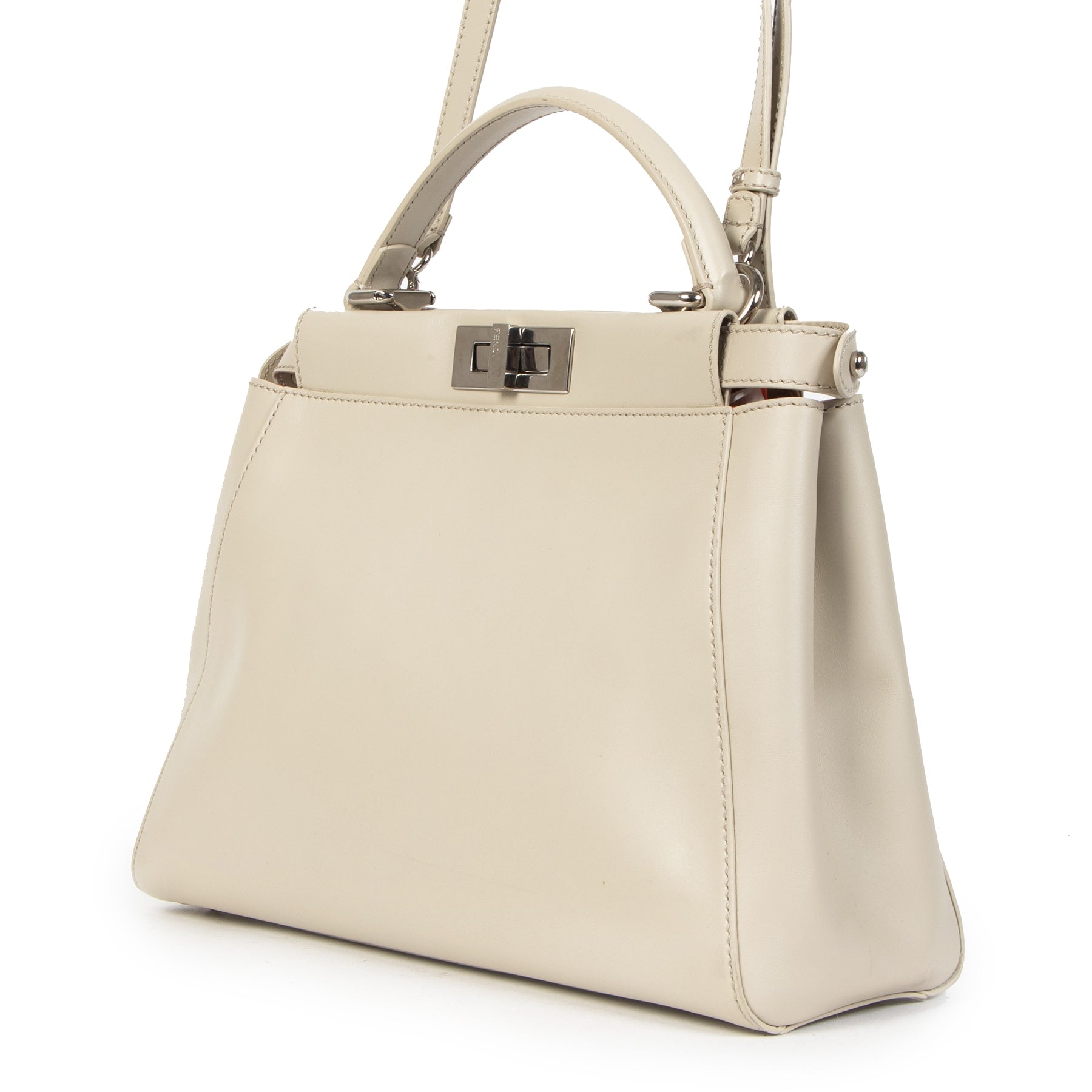 Authentieke tweedehands vintage Fendi Latte Azalea Calfskin Medium Peekaboo Tote Bag koop online webshop LabelLOV