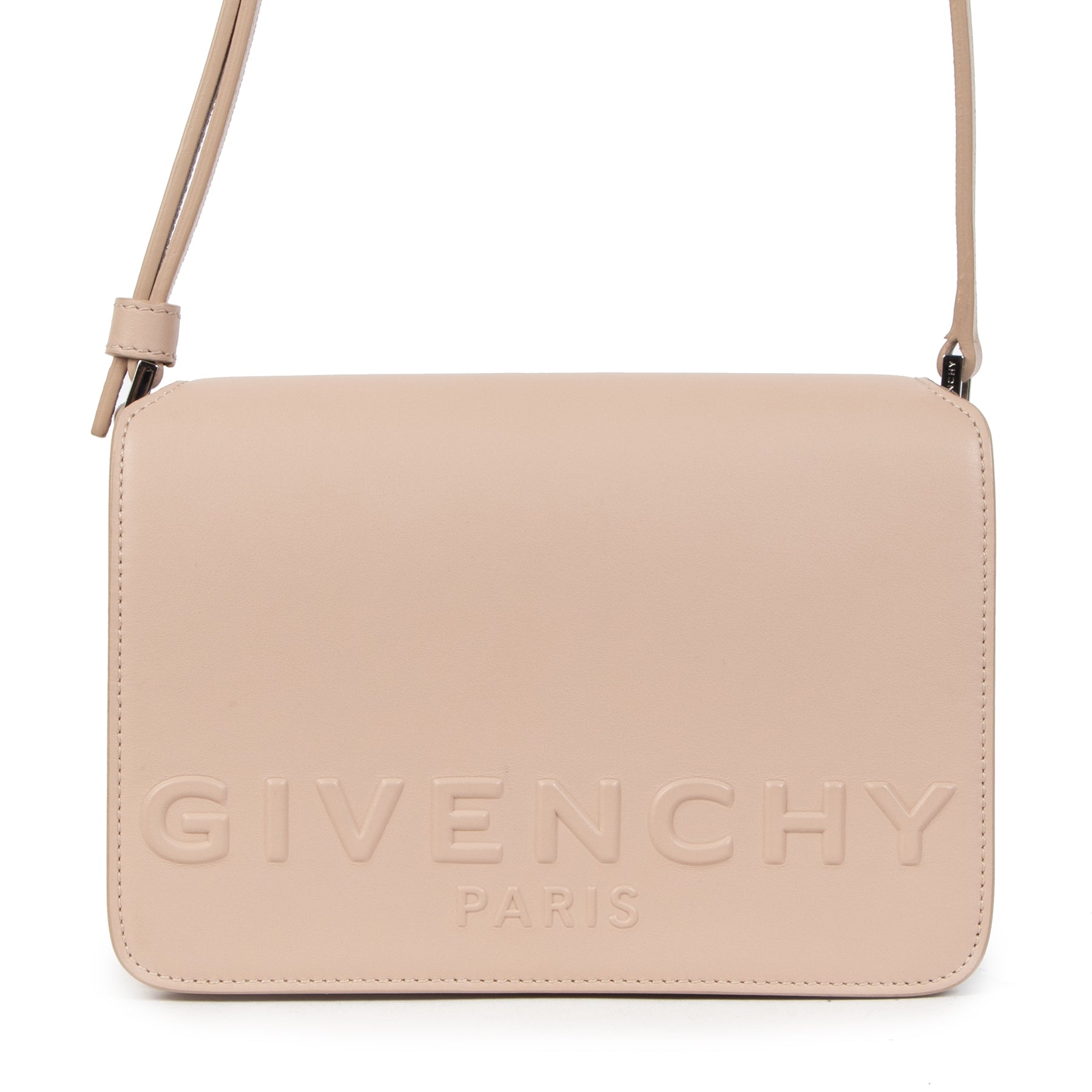 Authentieke Tweedehands Givenchy Soft Pink Calfskin Debossed Logo Crossbody Bag juiste prijs veilig online shoppen luxe merken webshop winkelen Antwerpen België mode fashion