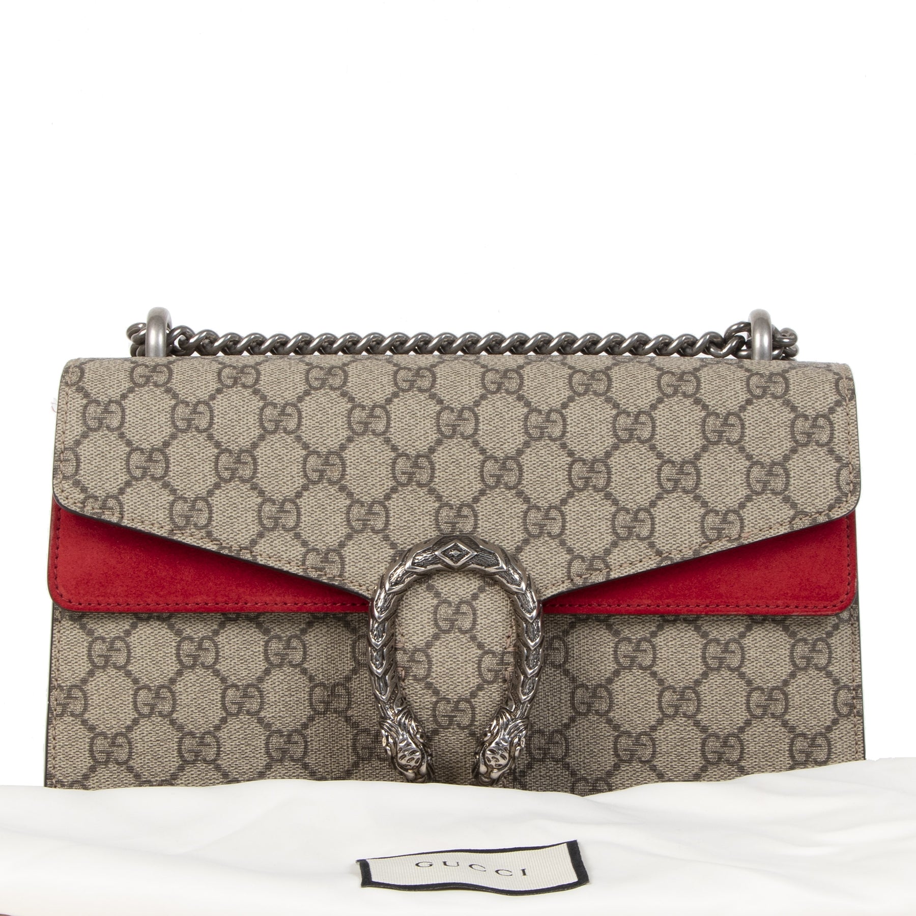 Koop uw authentieke designer Gucci Dionysus GG Supreme Coated Canvas and Red Suede Suede schoudertas online