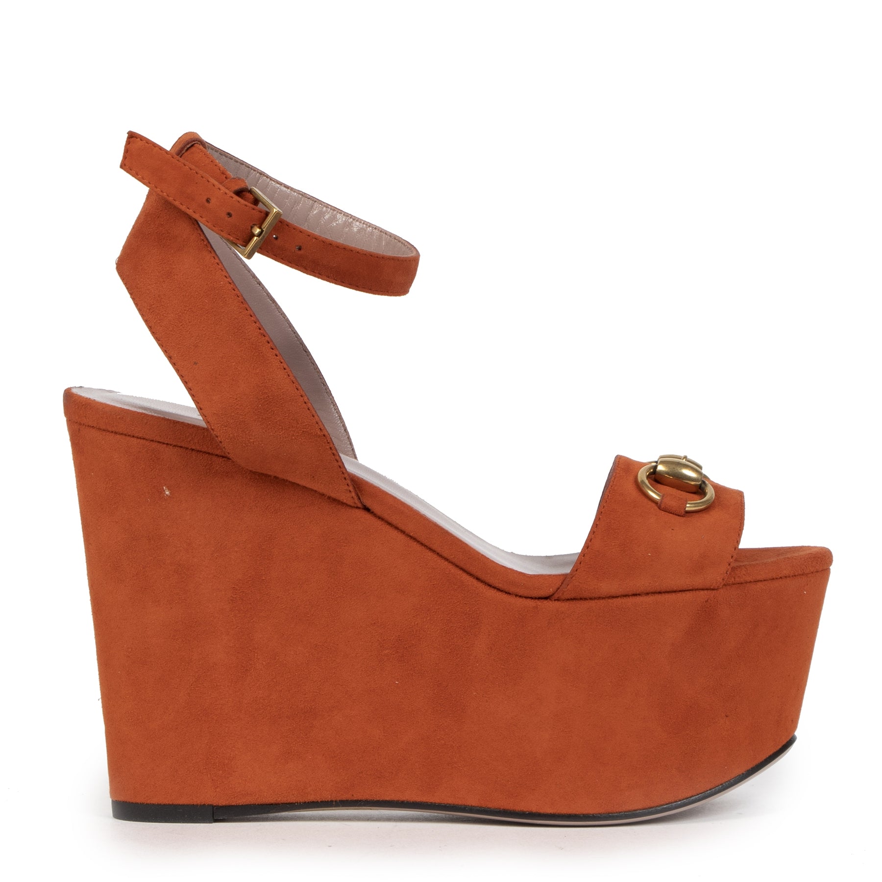 Authentieke Tweedehands Gucci Orange Suede Wedges Size 35 juiste prijs veilig online shoppen luxe merken webshop winkelen Antwerpen België mode fashion
