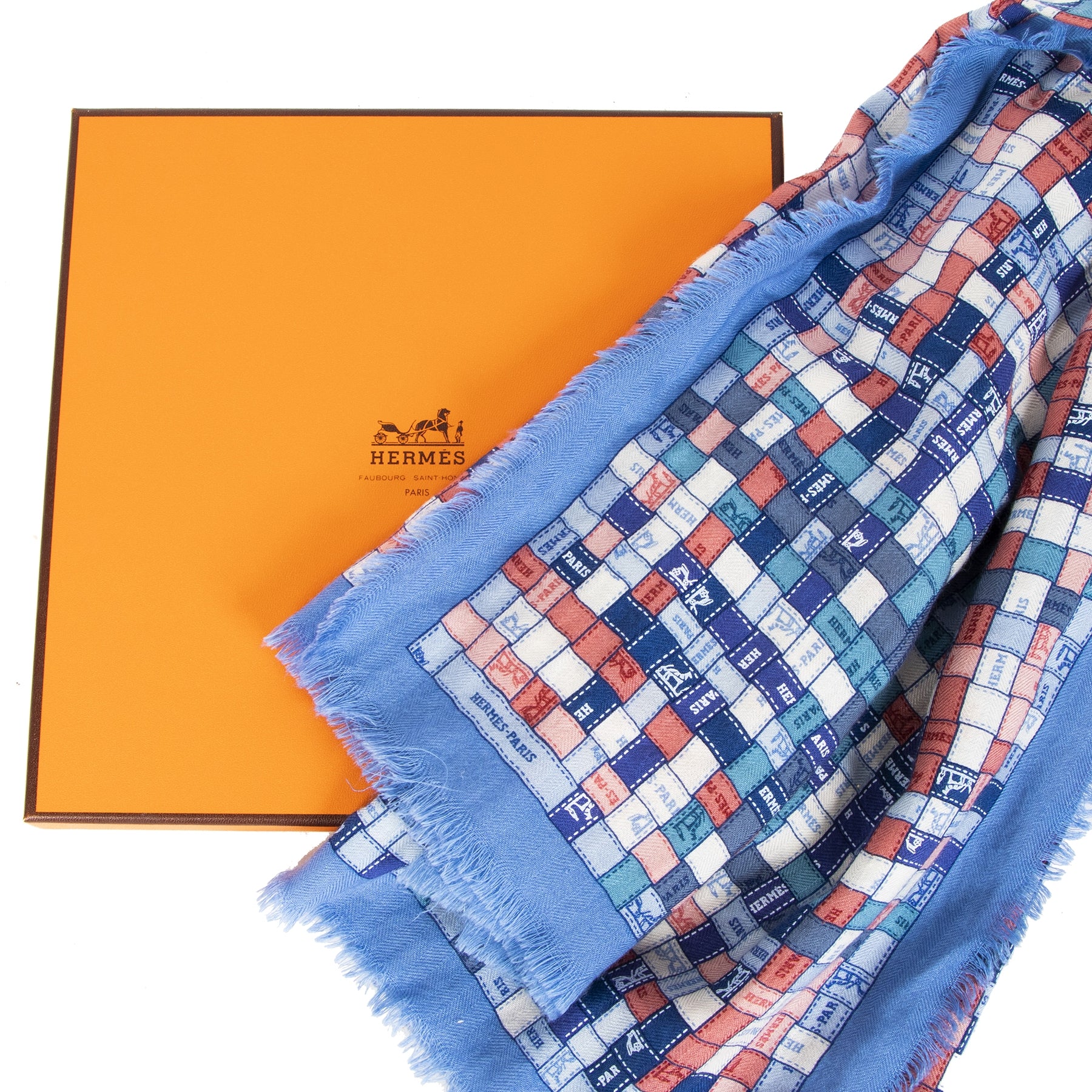 Authentieke Tweedehands Hermès Cashmere Blue Logo Scarf juiste prijs veilig online shoppen luxe merken webshop winkelen Antwerpen België mode fashion
