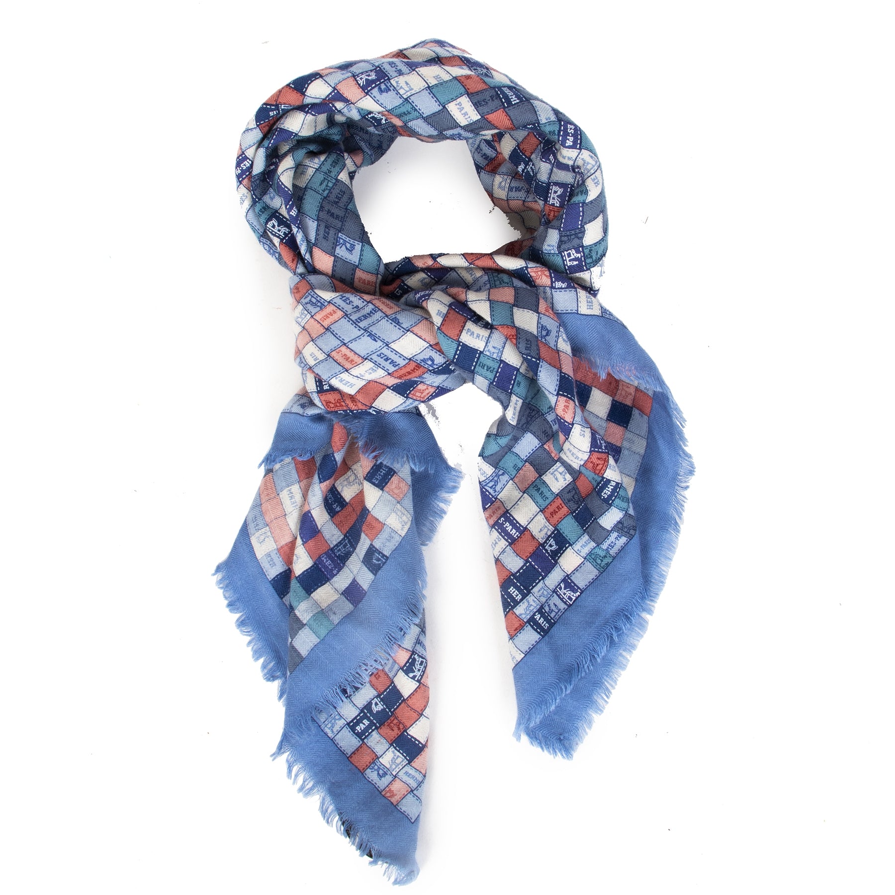 Authentic secondhand Hermès Cashmere Blue Logo Scarf designer scarves bags accessories luxury vintage webshop fashion designer brands safe secure online shopping worldwide shipping