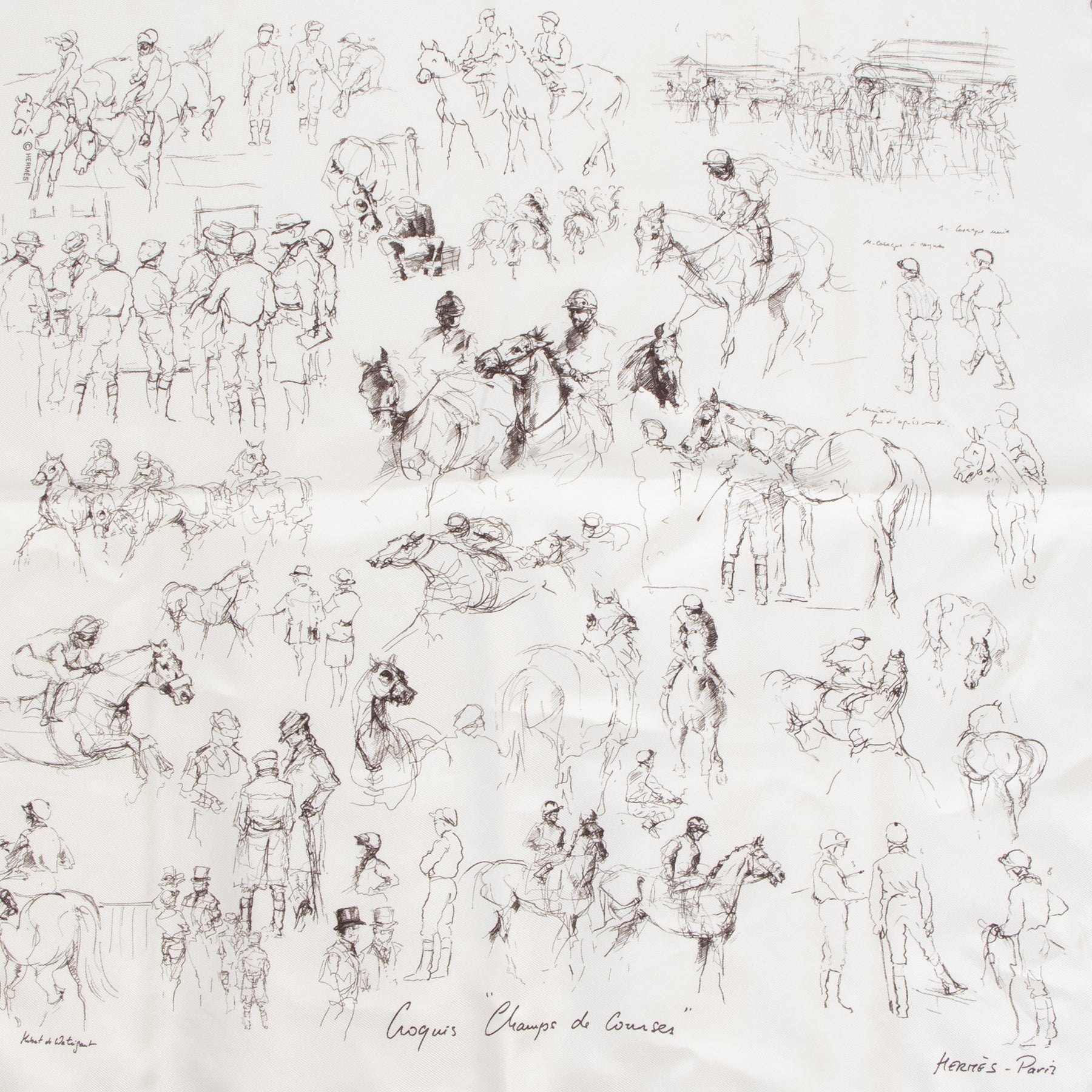 Authentieke tweedehands vintage Hermès Croquis Champs De Courses Scarf koop online webshop LabelLOV