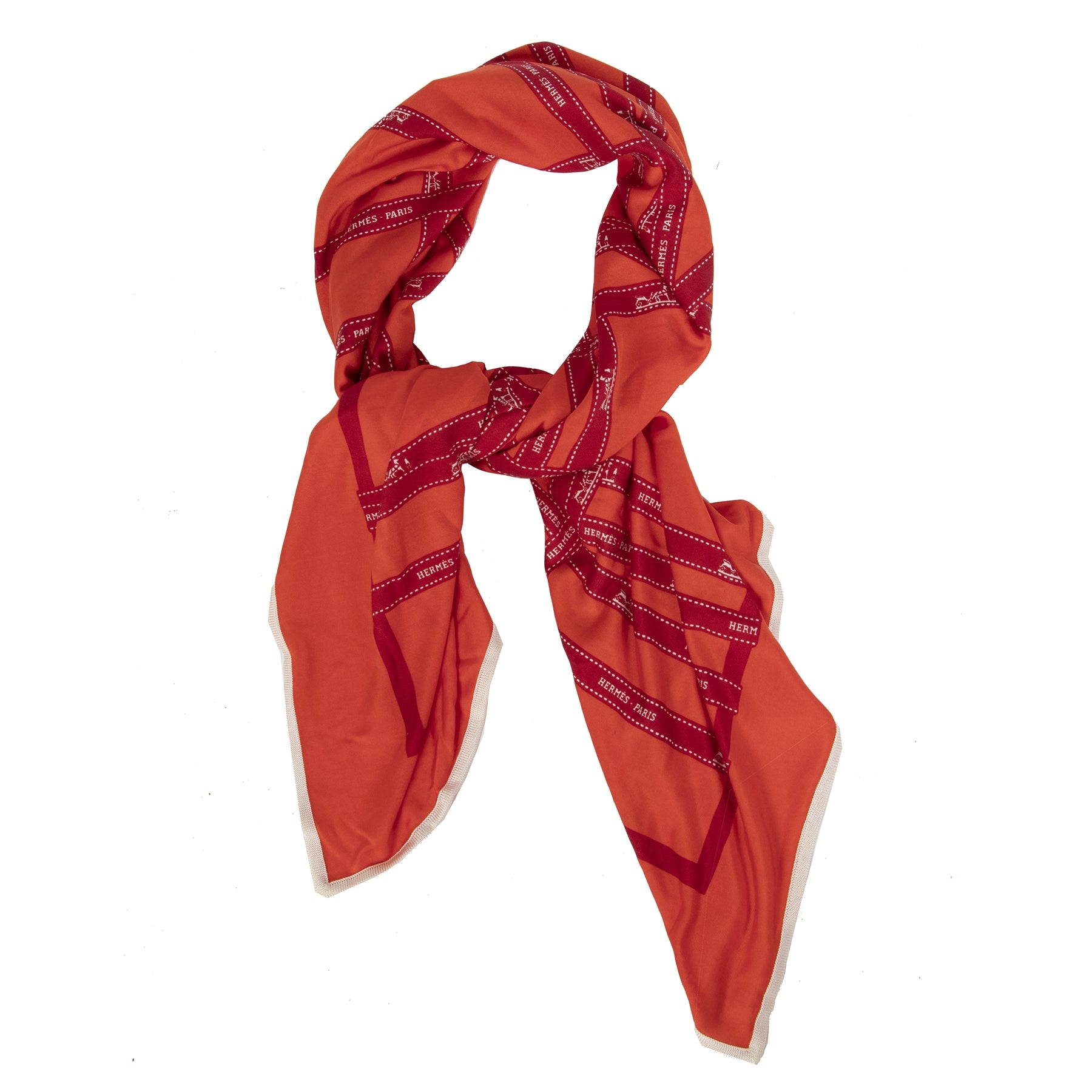 Authentic second-hand vintage Hermès Red Silk Jersey Bolduc Scarf buy online webshop LabelLOV
