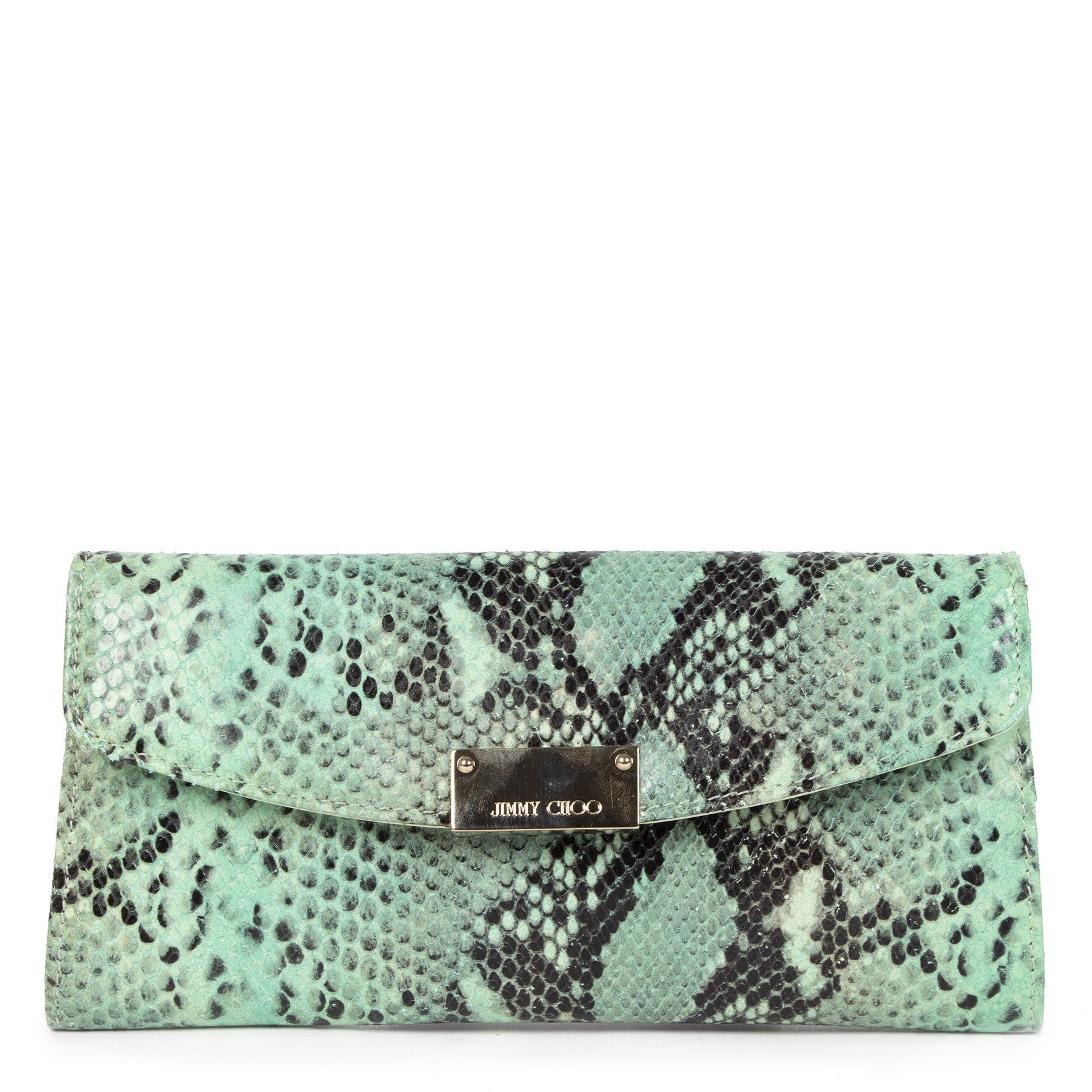 Authentieke Tweedehands Jimmy Choo Green Python Clutch juiste prijs veilig online shoppen luxe merken webshop winkelen Antwerpen België mode fashion