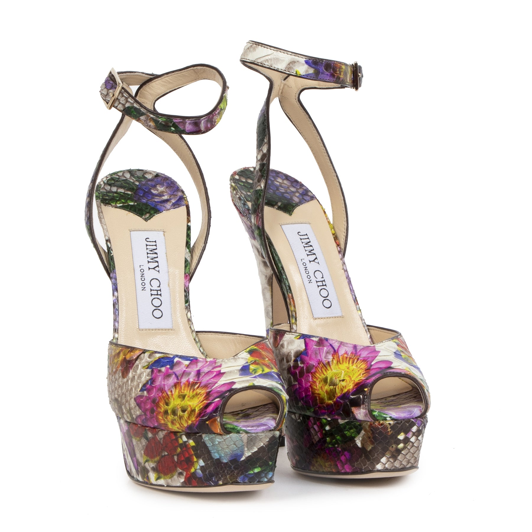 100% authentic Jimmy Choo Floral Print Python Multicolor Sandals in the size 35 for the best price
