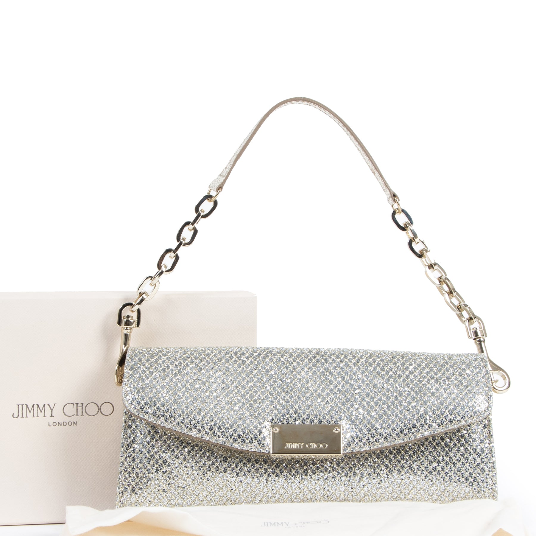 shop Jimmy Choo Silver Glitter Clutch online tegen de beste prijs