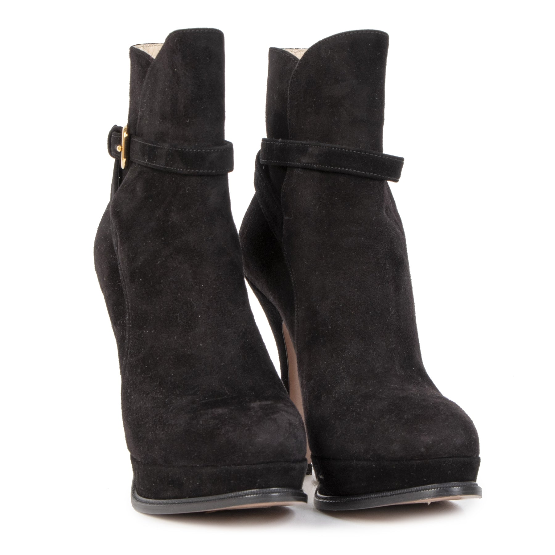 Authentieke Tweedehands Prada Black Suede Platform Ankle Boots - Size 36 juiste prijs veilig online shoppen luxe merken webshop winkelen Antwerpen België mode fashion