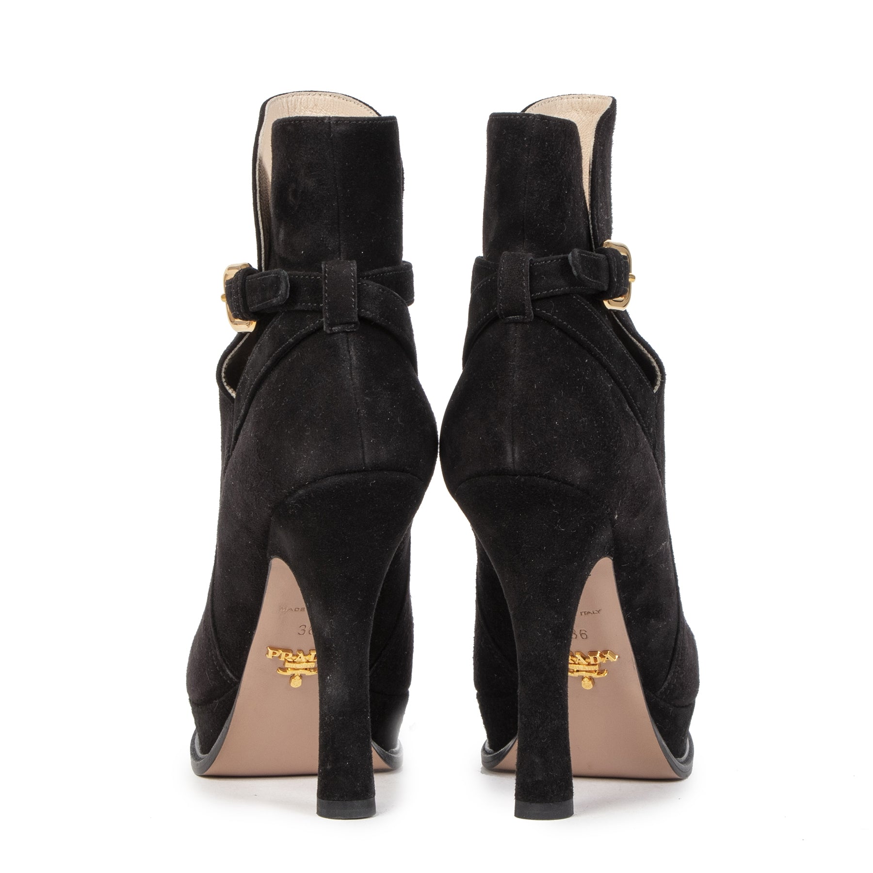 Authentieke Tweedehands Prada Black Suede Platform Ankle Boots - Size 36 juiste prijs veilig online shoppen luxe merken webshop winkelen Antwerpen België mode fashion