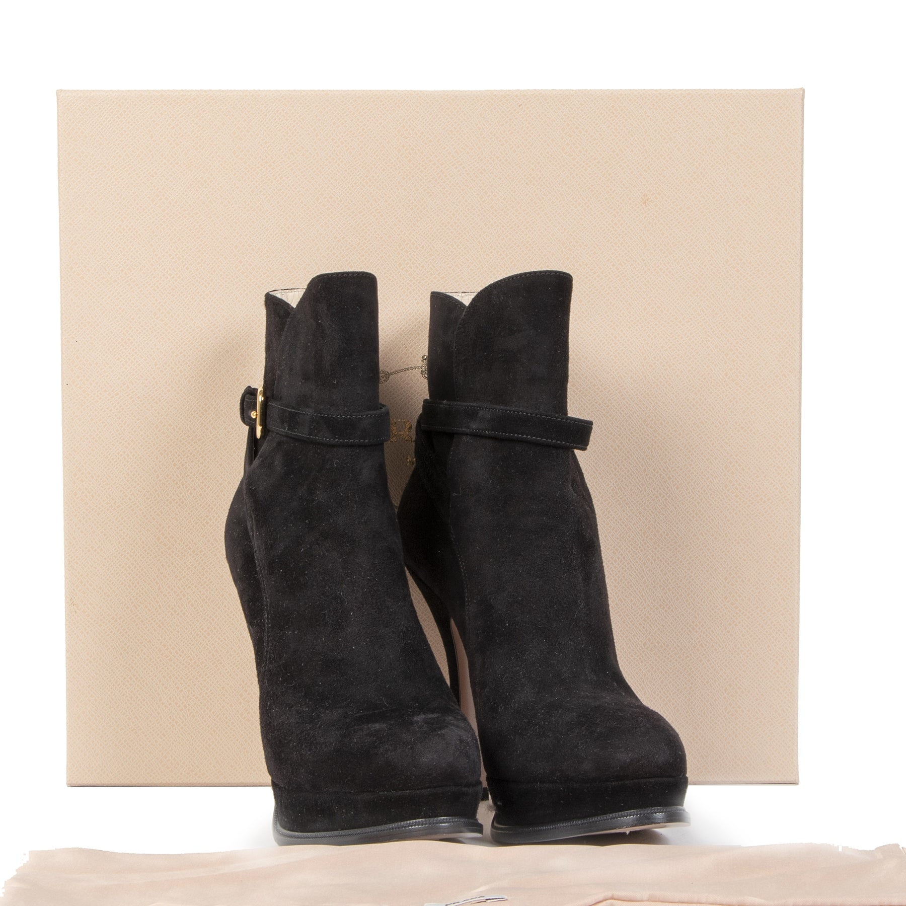 Authentieke Tweedehands Prada Black Suede Platform Ankle Boots - Size 36 juiste prijs veilig online shoppen luxe merken webshop winkelen Antwerpen België mode fashion
