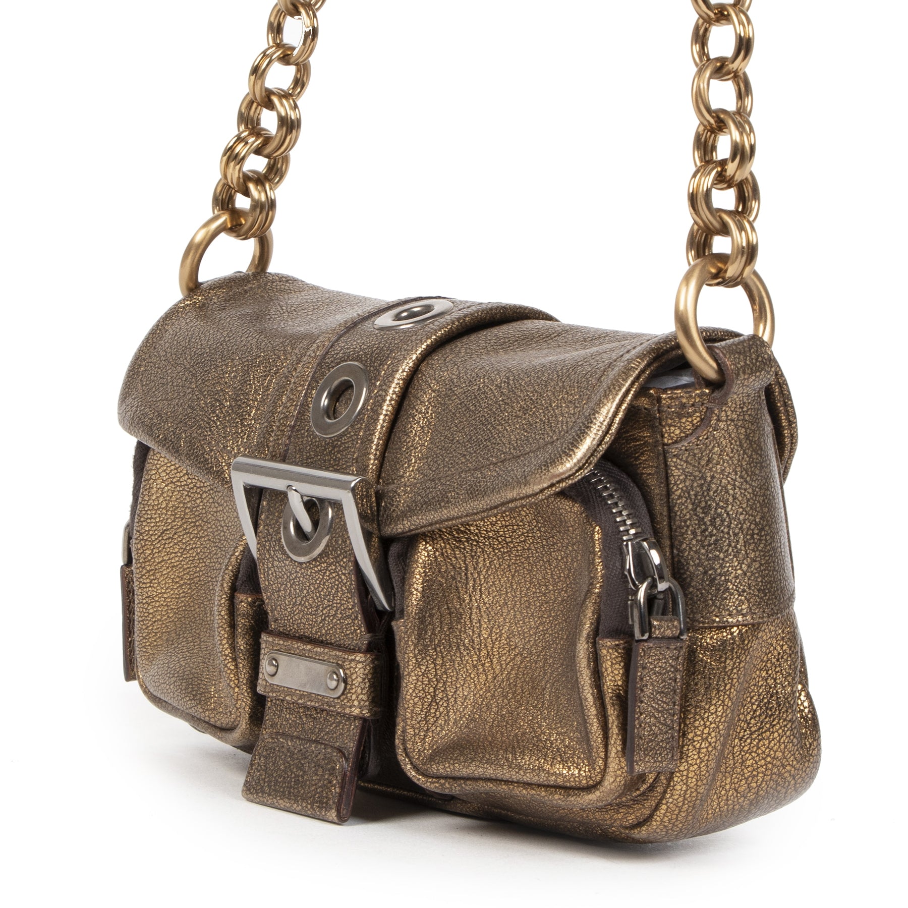 Authentieke tweedehands vintage Prada Bronze Sandalo Mini Pocket Bag koop online webshop LabelLOV