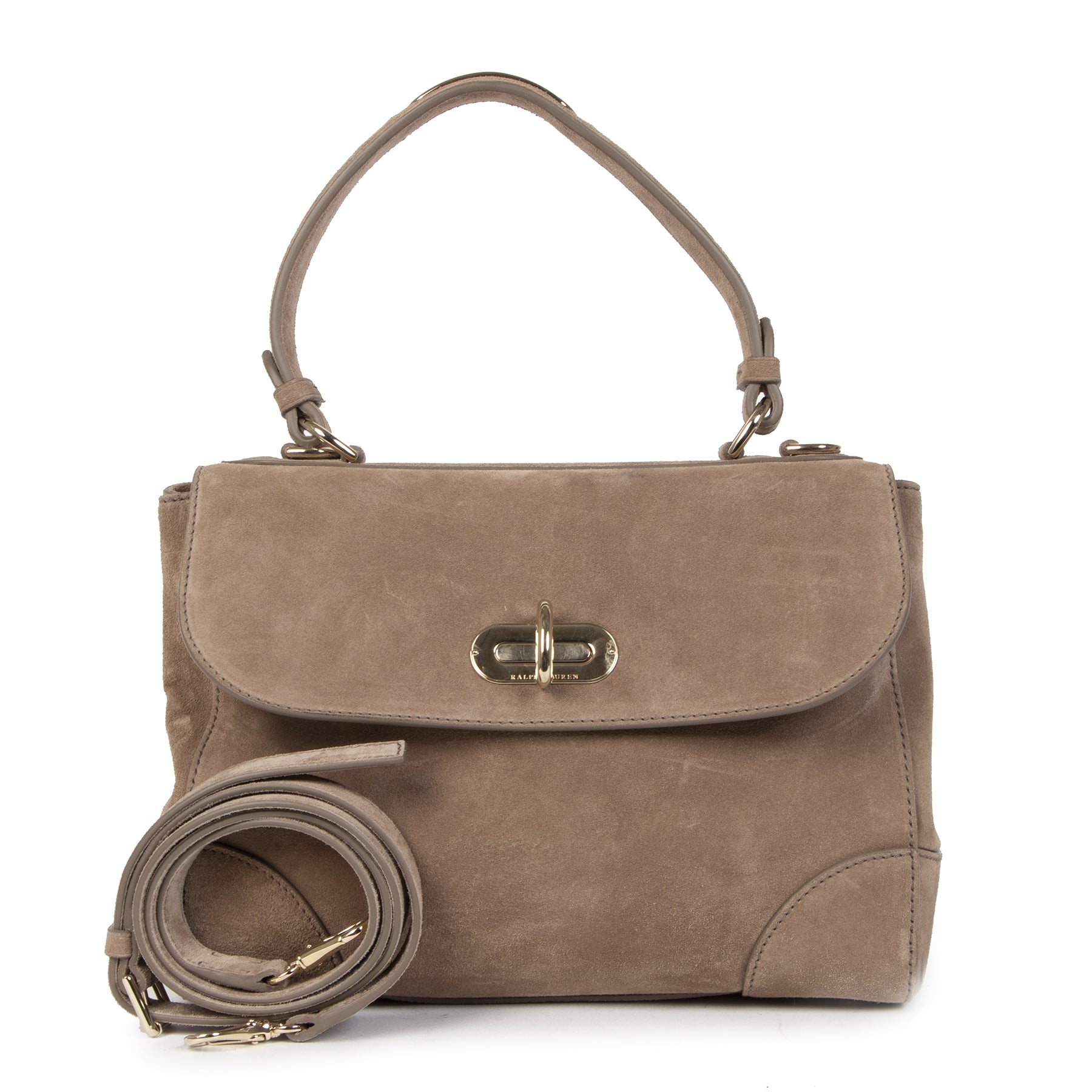 Authentic secondhand Ralph Lauren Taupe Suede Shoulder Bag designer bags designer brands fashion luxury vintage webshop safe secure online shopping worldwide shipping