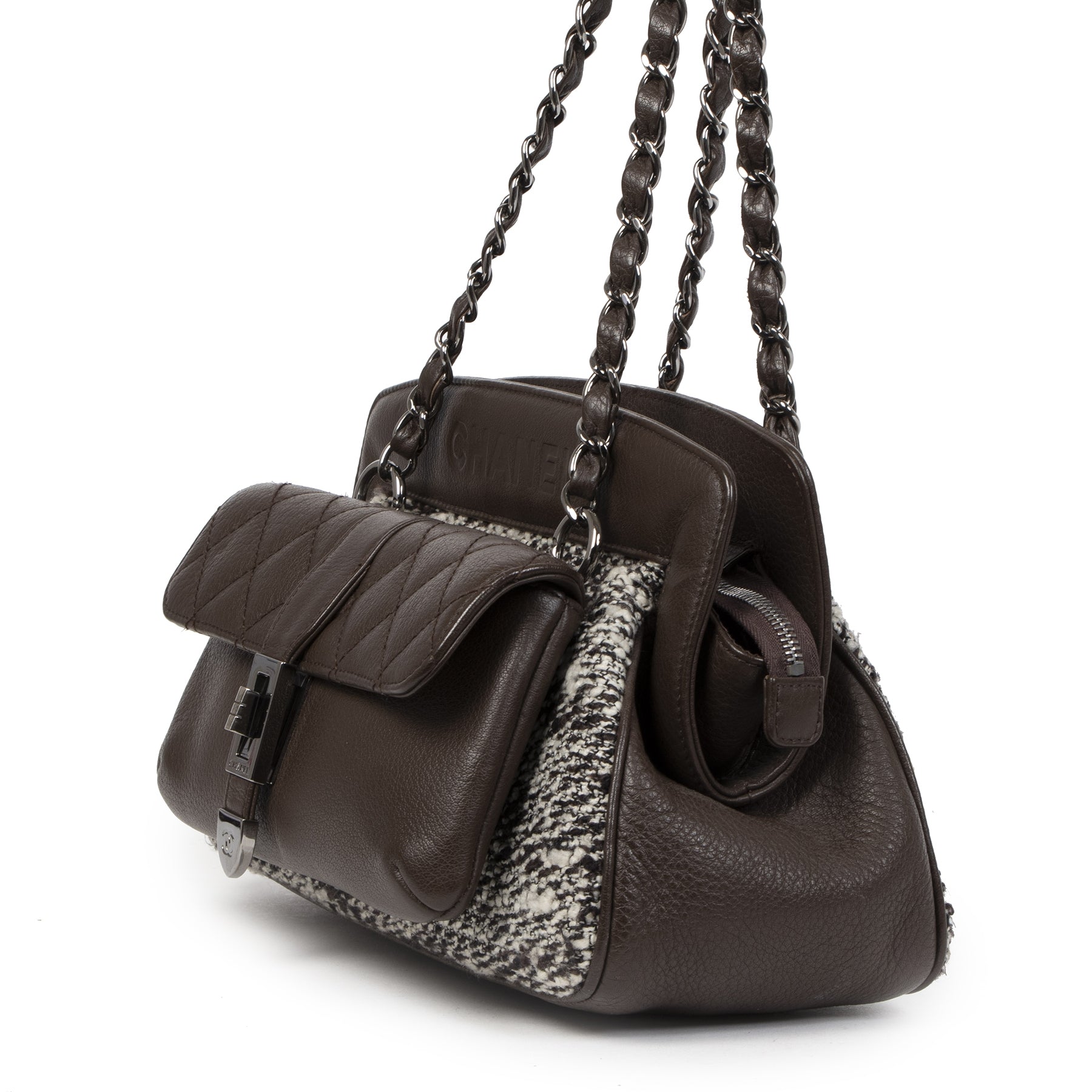 Authentieke tweedehands vintage Chanel Brown Leather Tweed Bag koop online webshop LabelLOV