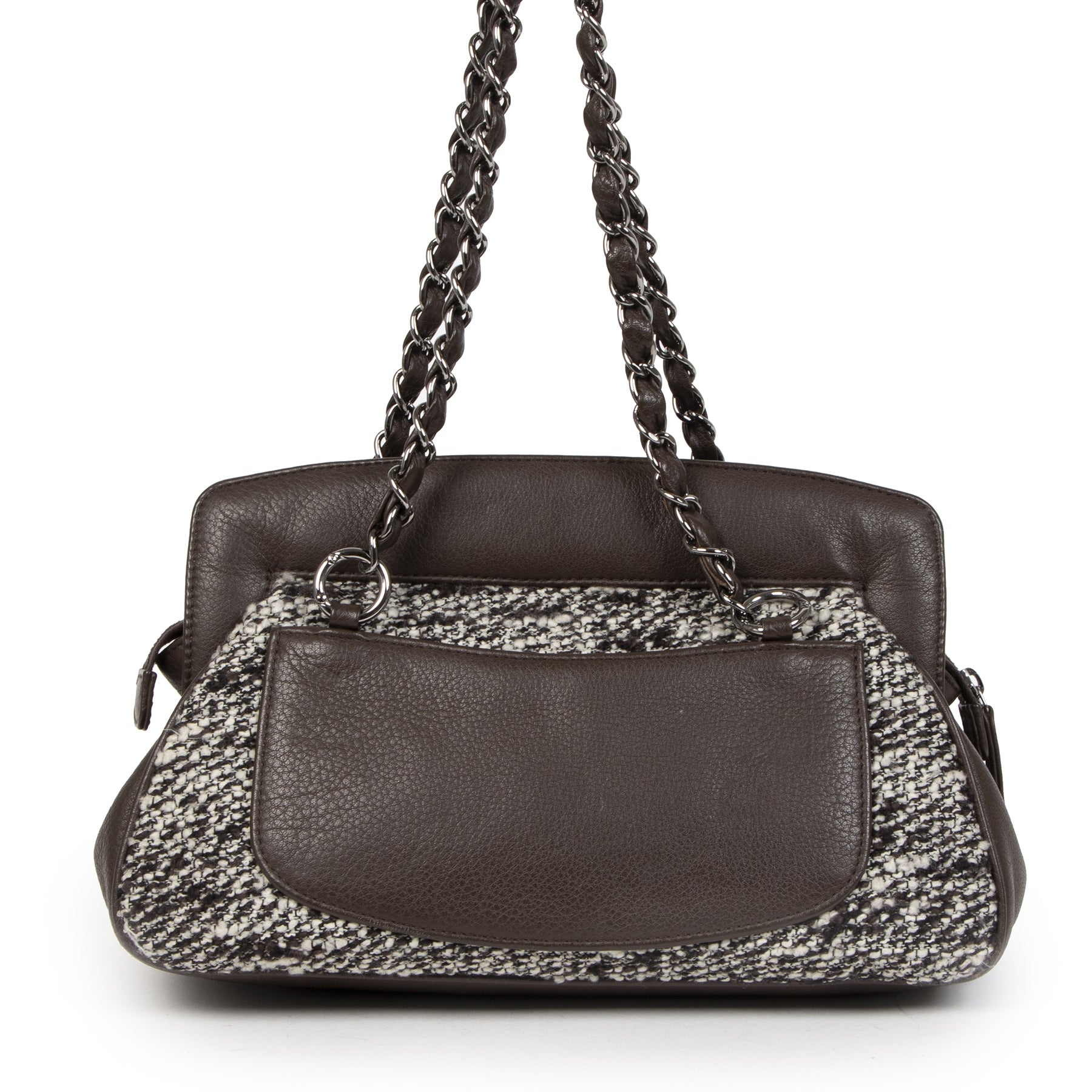 Authentic second-hand vintage Chanel Brown Leather Tweed Bag buy online webshop LabelLOV
