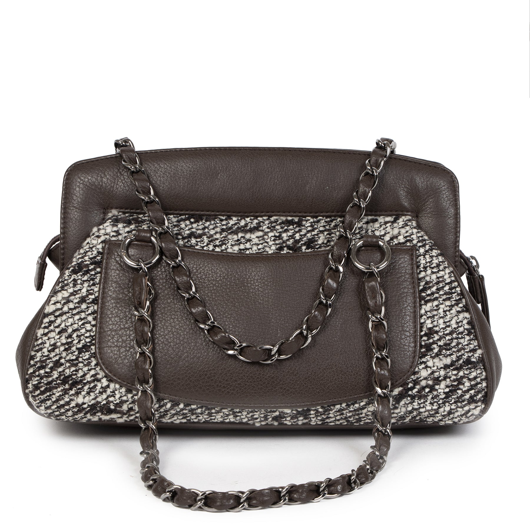 Authentique seconde-main vintage Chanel Brown Leather Tweed Bag achète en ligne webshop LabelLOV