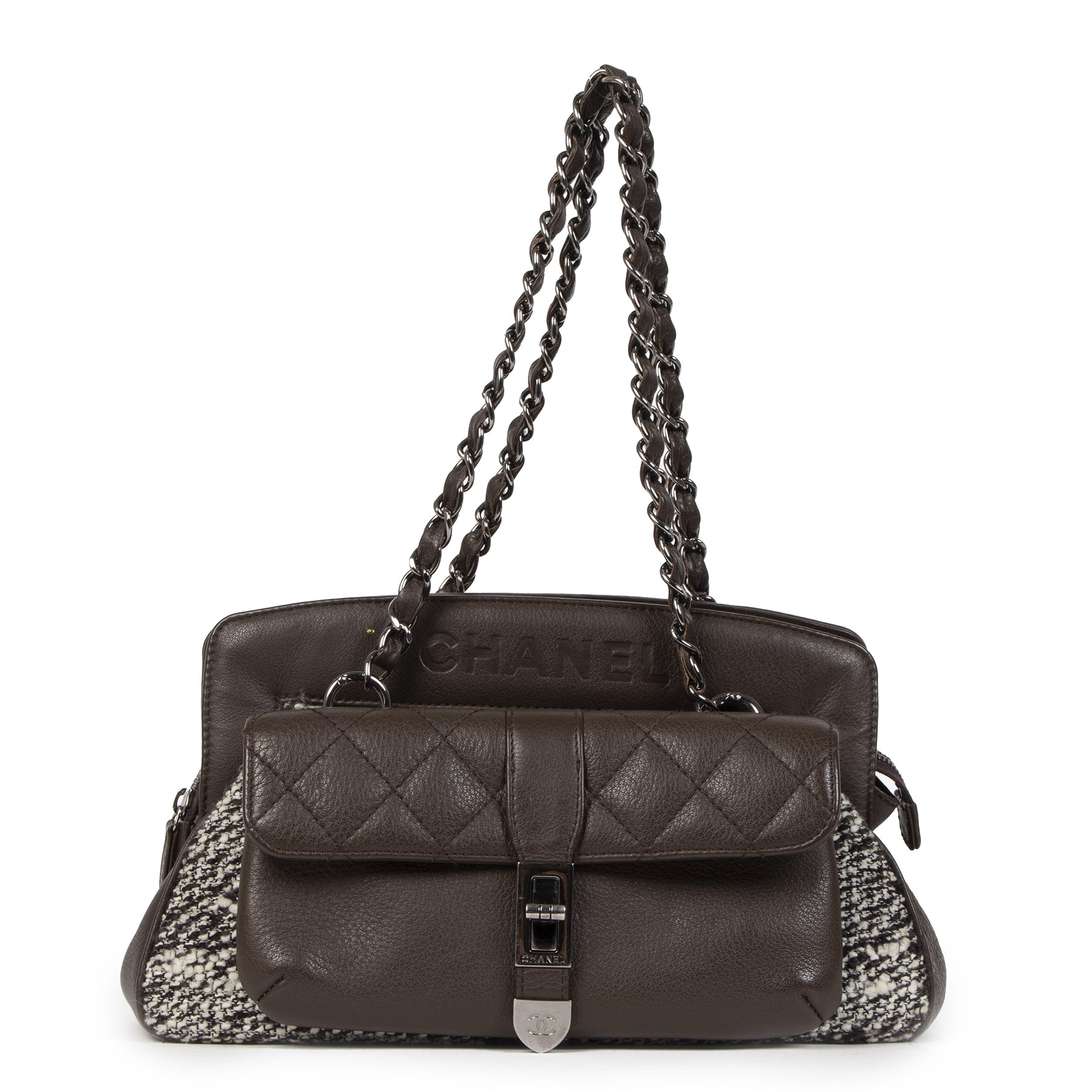 Authentieke tweedehands vintage Chanel Brown Leather Tweed Bag koop online webshop LabelLOV