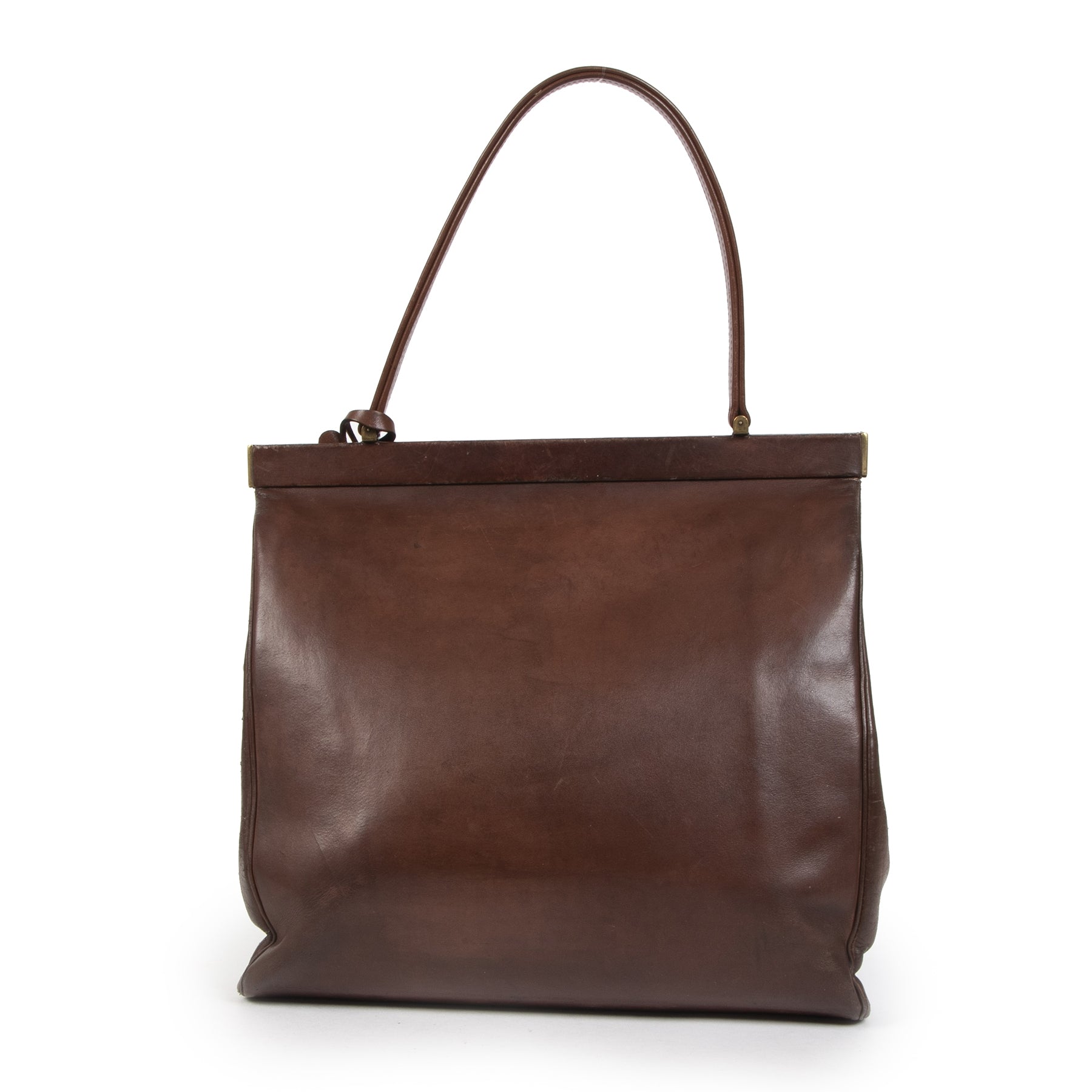 Authentieke tweedehands vintage Delvaux Brown Top Handle Bag koop online webshop LabelLOV