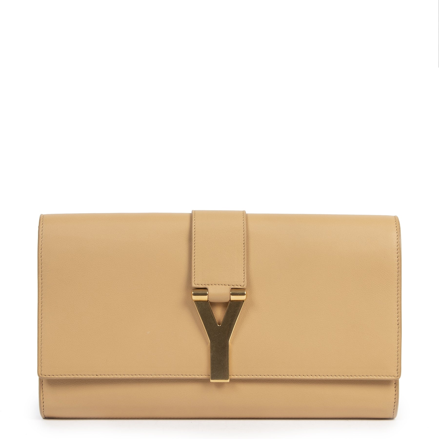 Authentieke Tweedehands Saint Laurent Camel Leather Y Clutch juiste prijs veilig online shoppen luxe merken webshop winkelen Antwerpen België mode fashion