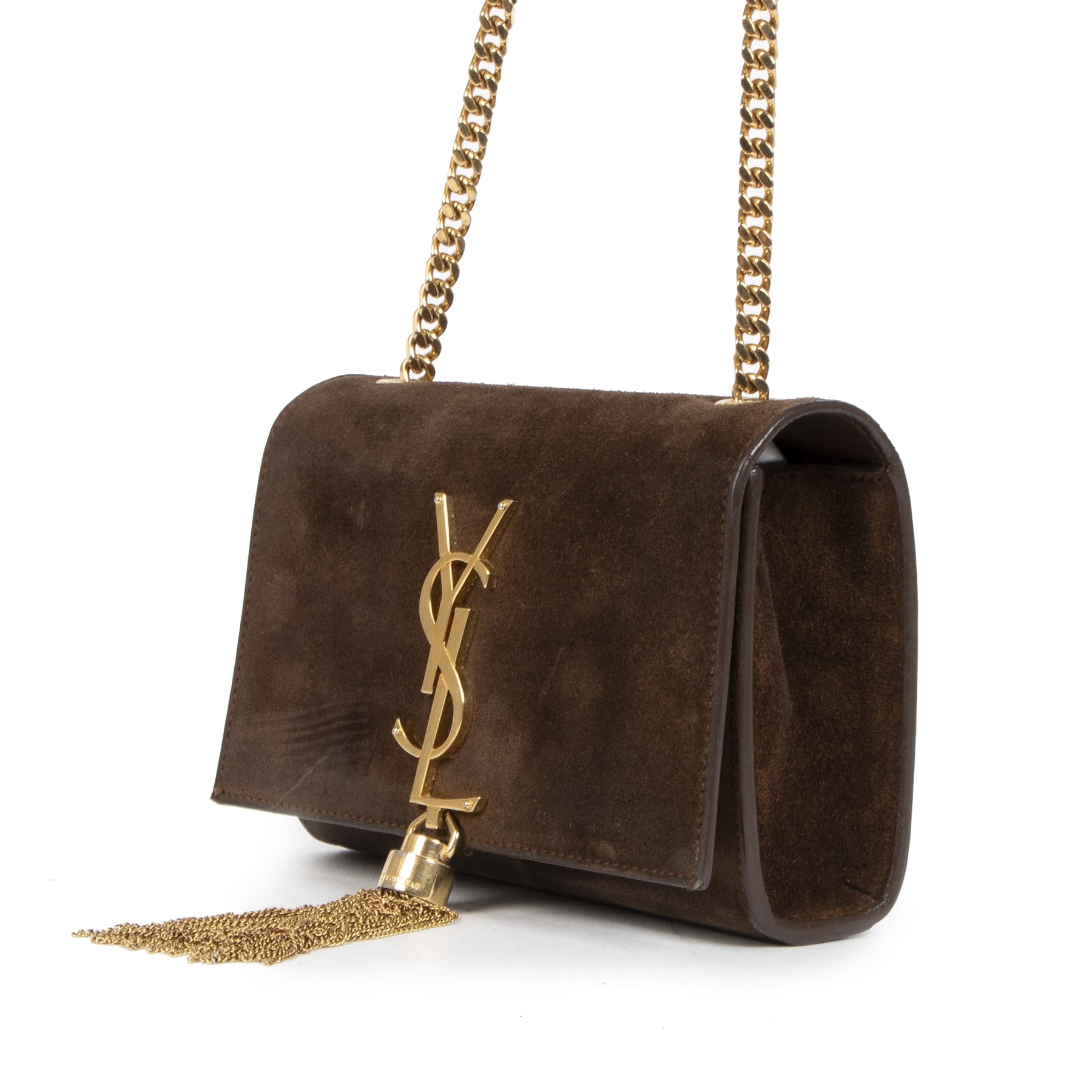 Authentic secondhand Saint Laurent Brown Suede Small Classic Kate Tassel Satchel designer bags designer brands fashion luxury vintage webshop safe secure online shopping worldwide shipping Antwerp Belgium
