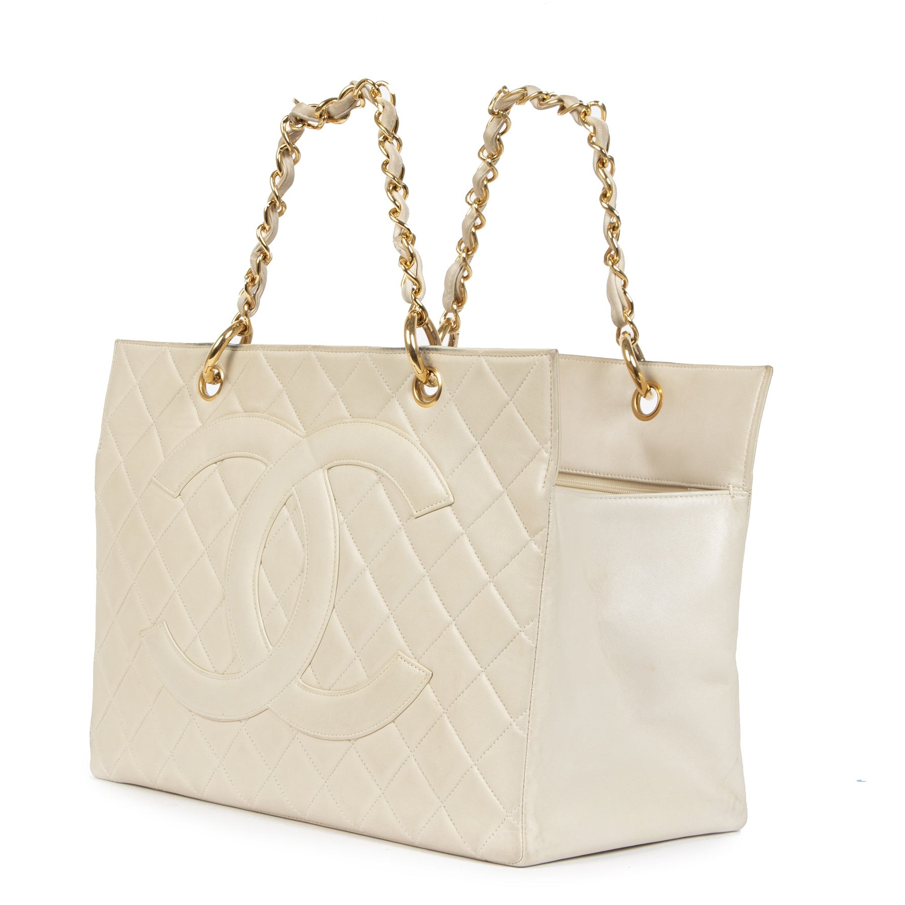 Authentieke Tweedehands Chanel Cream Quilted Leather Grand Shopping Tote juiste prijs veilig online shoppen luxe merken webshop winkelen Antwerpen België mode fashion