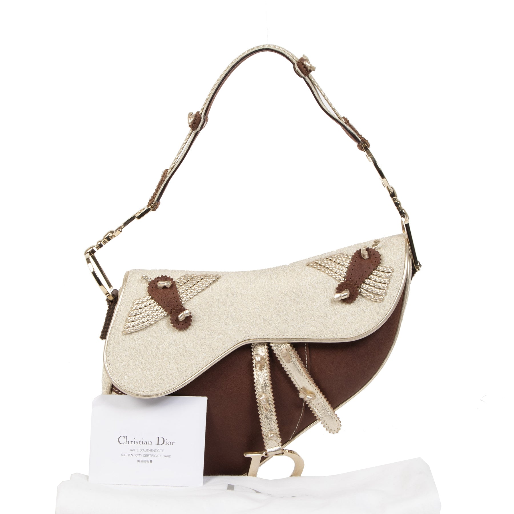 Authentieke Tweedehands Dior Brown Leather & Gold Textile Saddle Bag limited edition juiste prijs veilig online shoppen luxe merken webshop winkelen Antwerpen België mode fashion