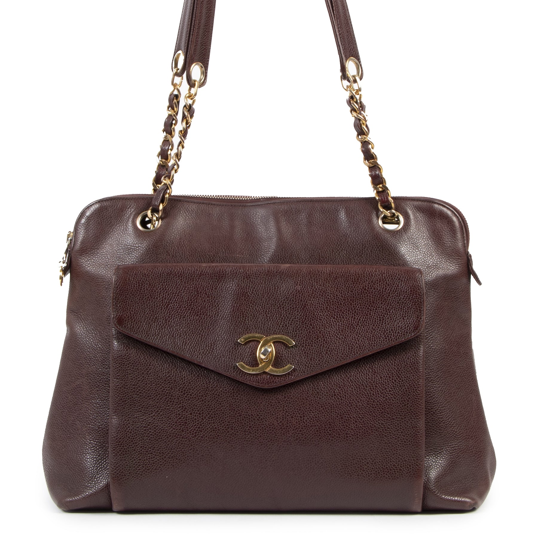 Koop authentieke tweedehands Chanel Burgundy Leather Front Flag Shoulder bag aan de juiste prijs online in alle veiligheid bij LabelLOV Antwerpen