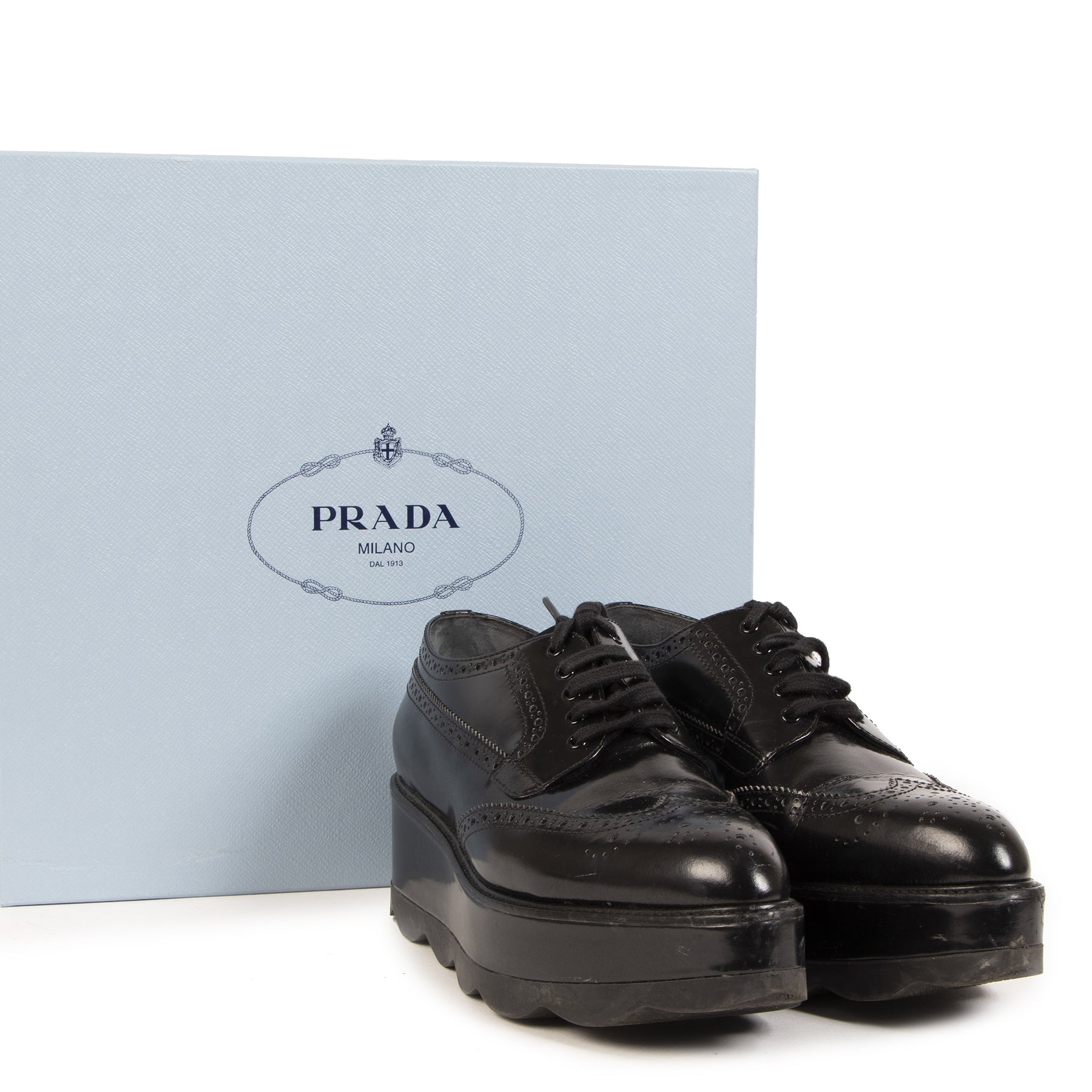 Authentic secondhand Prada Black Leather Platform Shoes - Size 39,5 designer shoes sneakers designer brands fashion luxury vintage webshop safe secure online shopping worldwide shipping delivery Antwerp Belgium