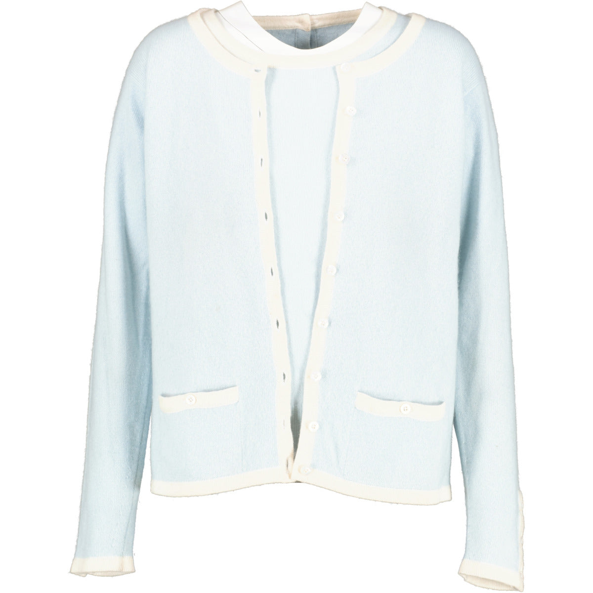 shop authentic second hand designer Chanel Vintage Baby Blue Cashmere Cardigan & Pullover Set at Labellov