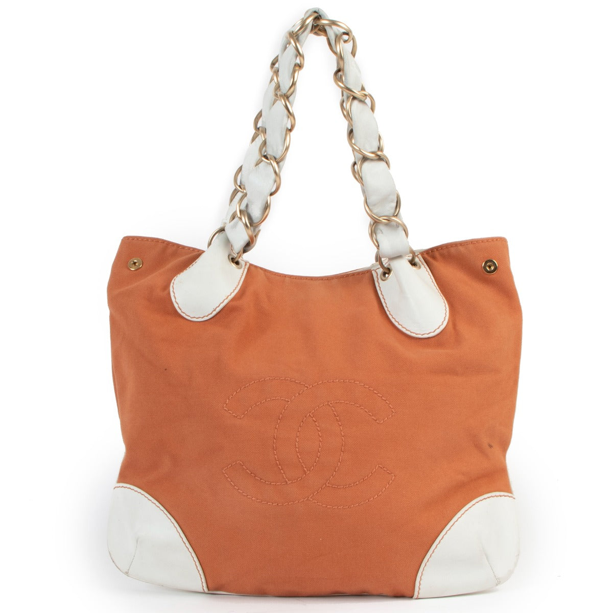 Second hand vintage Chanel Olsen CC Orange Canvas Chain Tote Bag at Labellov