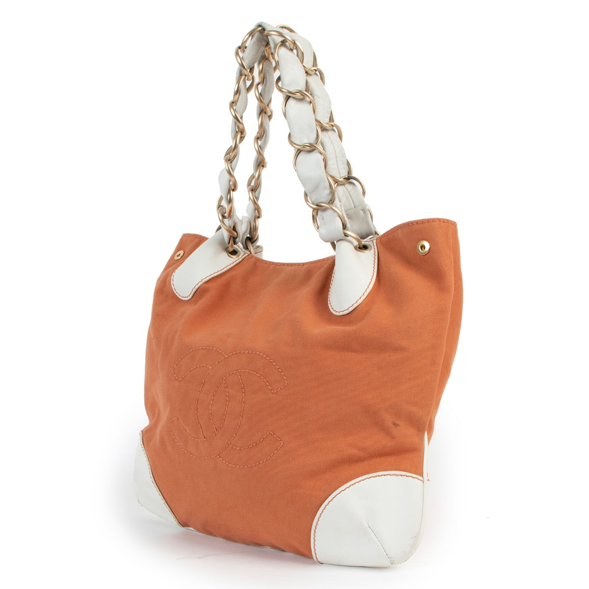 Second hand vintage Chanel Olsen CC Orange Canvas Chain Tote Bag at Labellov
