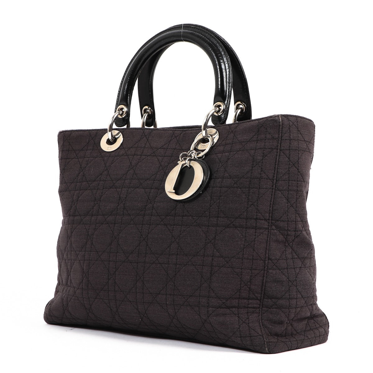 Buy an authentic second-hand Christian Dior Grey Fabric Lady Dior Large Top handle Bag in good condition at Labellov in Antwerp.