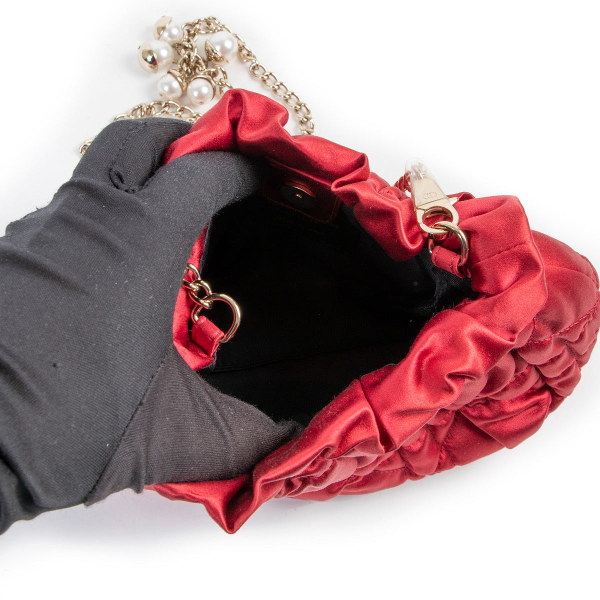 shop authentic second hand Christian Dior Red Cannage Satin Limited Edition Faux Pearl Chain Bag at Labellov