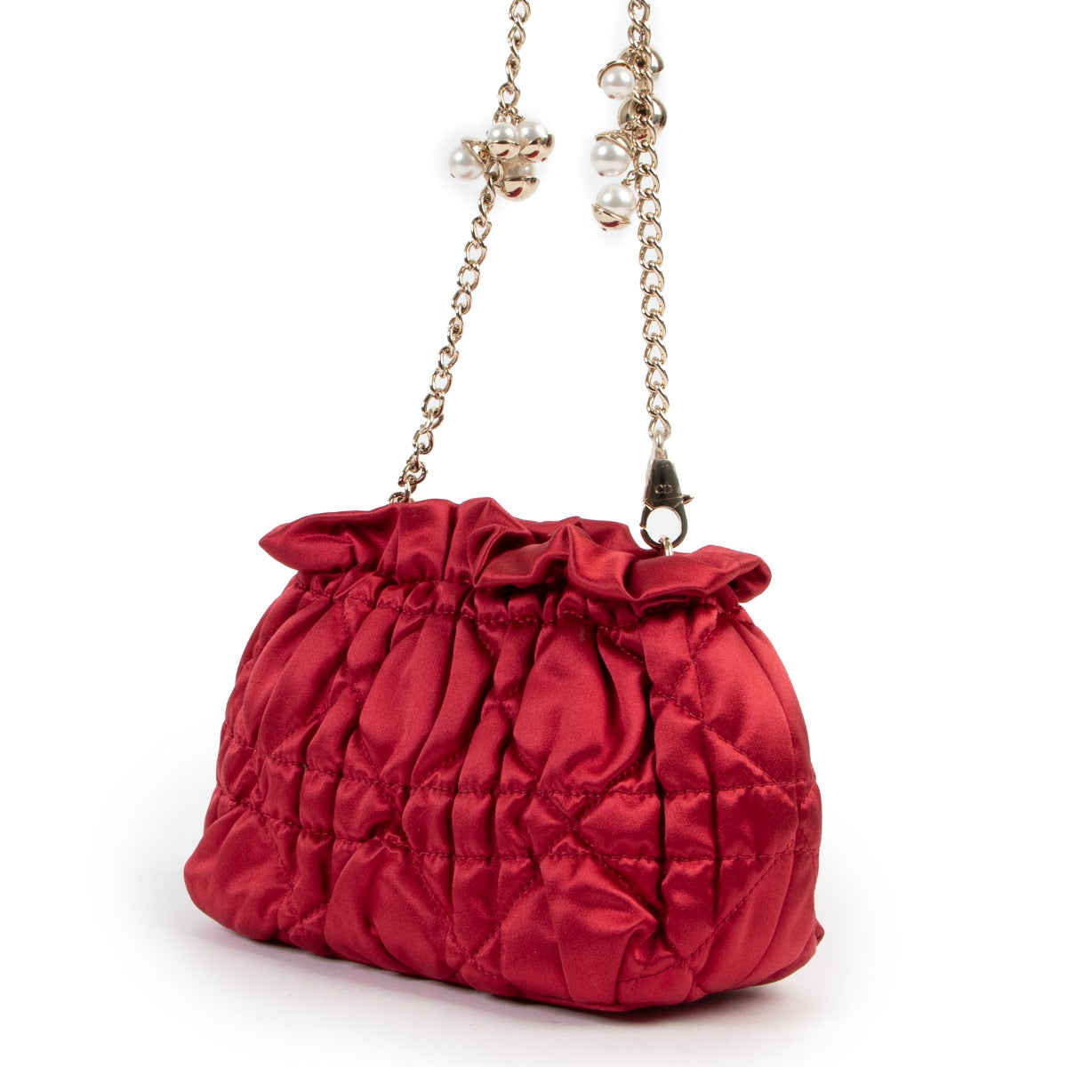 shop authentic second hand Christian Dior Red Cannage Satin Limited Edition Faux Pearl Chain Bag at Labellov