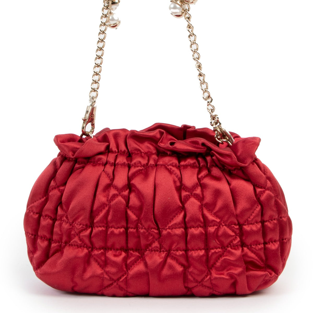 shop authentic second hand Christian Dior Red Cannage Satin Limited Edition Faux Pearl Chain Bag at Labellov