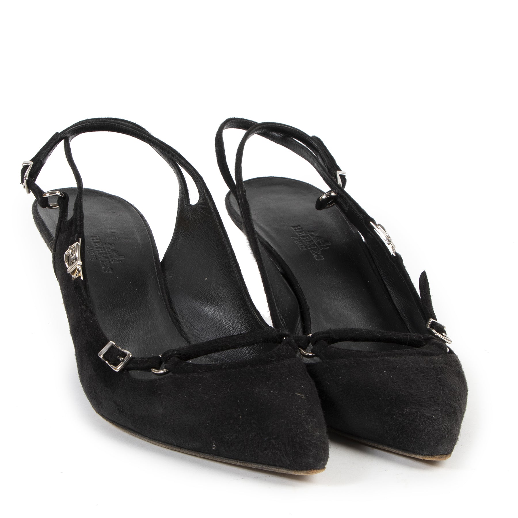 Are you looking for an authentic pair of Hermès Black Suede Buckle Slingback Pumps