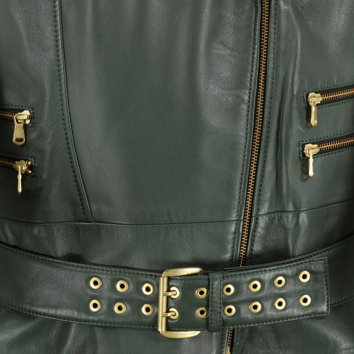 Pierre Balmain Groen Leren Bikerjack met Korte Mouwen - Maat FR40