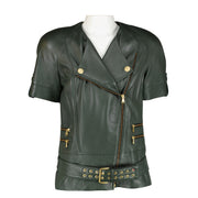 Pierre Balmain Green Leather Short-Sleeve Biker Jacket