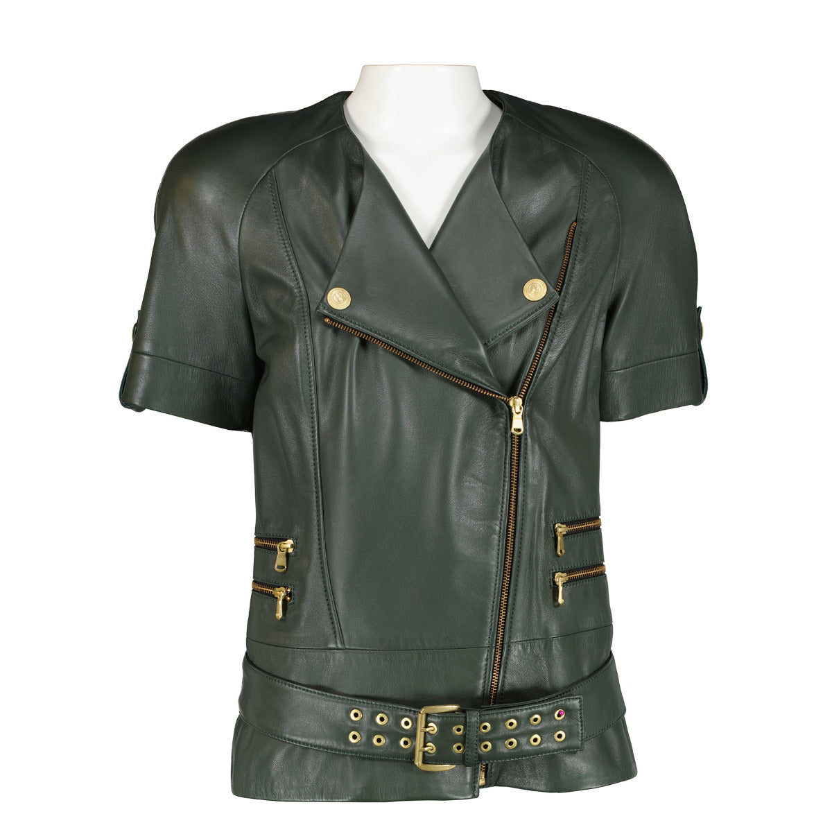 Pierre Balmain Green Leather Short-Sleeve Biker Jacket
