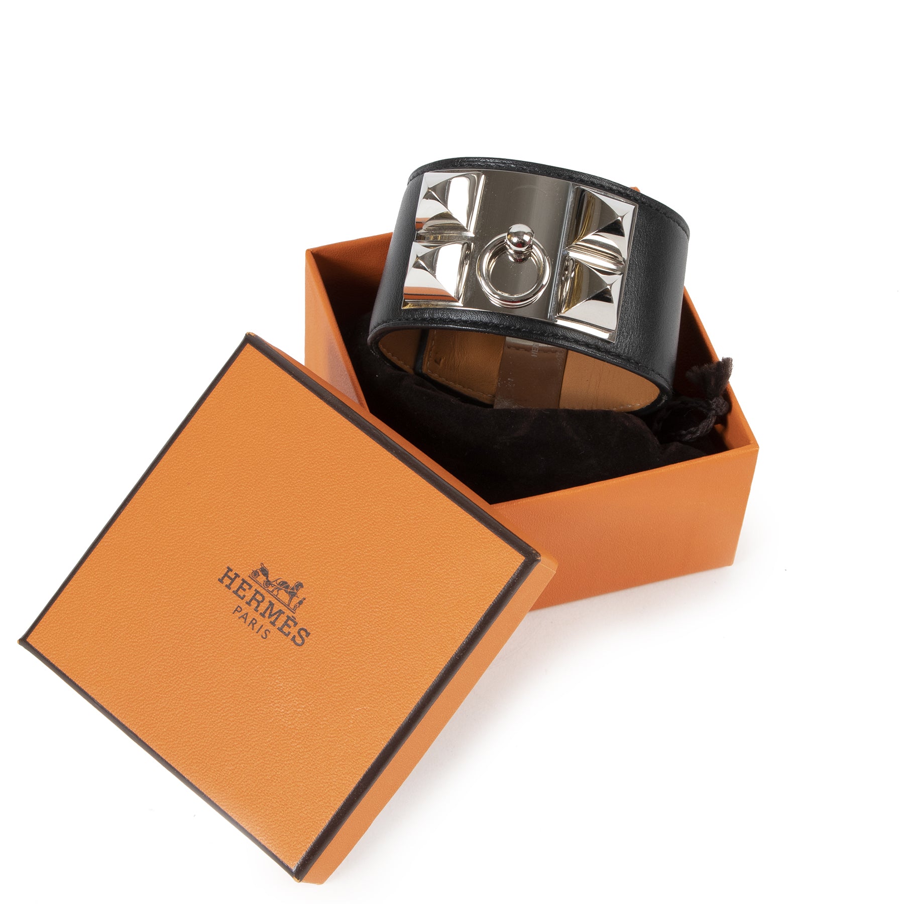 Authentieke Tweedehands Hermès Black Leather Collier De Chien Bracelet - Size Large juiste prijs veilig online shoppen luxe merken webshop winkelen Antwerpen België mode fashion