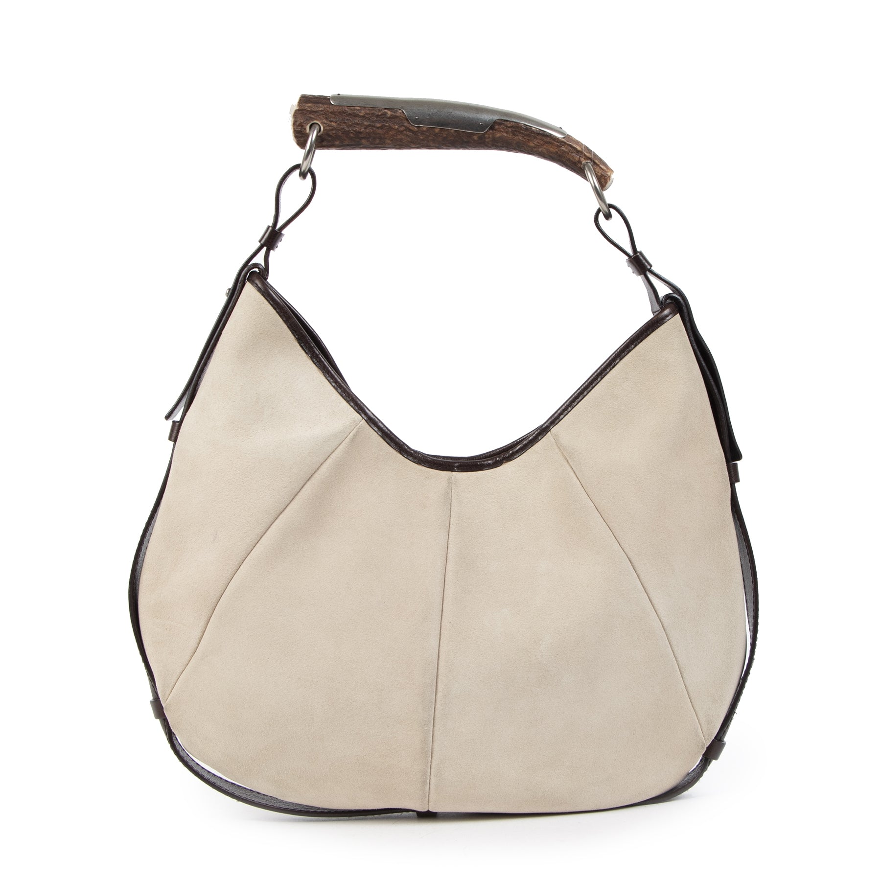 Authentic secondhand Saint Laurent Beige Suede Mombasa Horn Bag designer bags designer brands fashion luxury vintage webshop safe secure online shopping worldwide shipping delivery