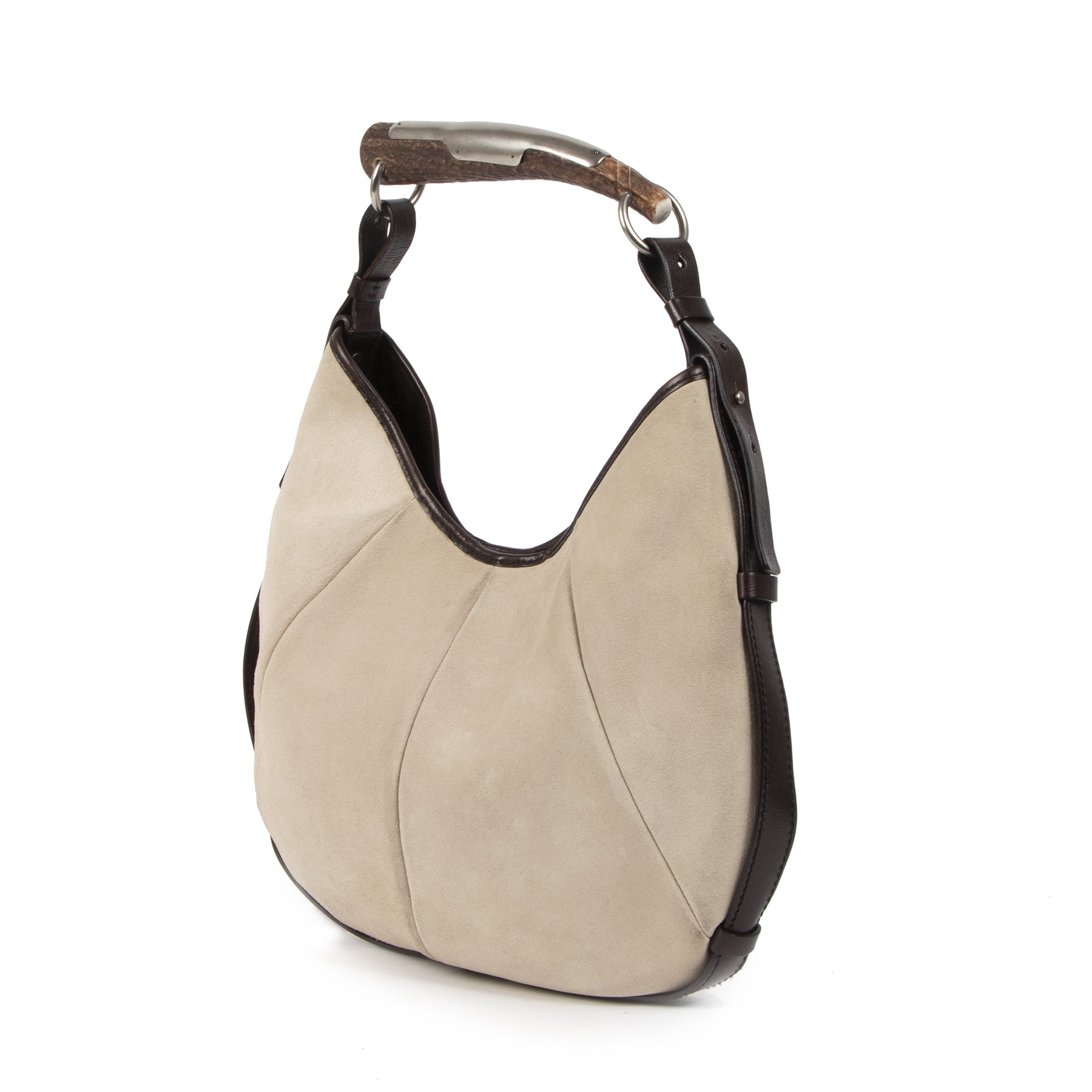 Authentieke Tweedehands Saint Laurent Beige Suede Mombasa Horn Bag juiste prijs veilig online shoppen luxe merken webshop winkelen Antwerpen België mode fashion