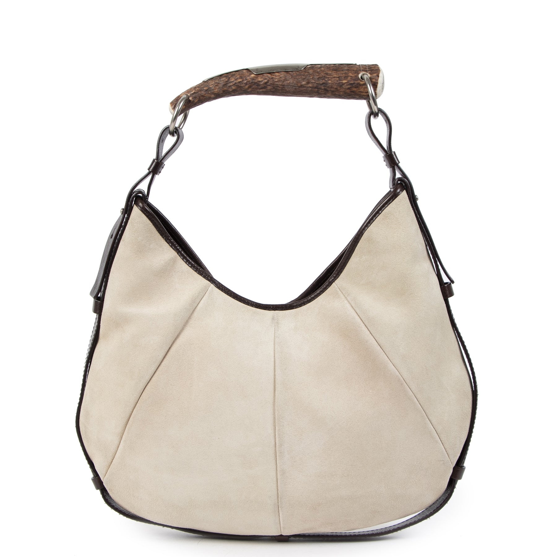 Authentieke Tweedehands Saint Laurent Beige Suede Mombasa Horn Bag juiste prijs veilig online shoppen luxe merken webshop winkelen Antwerpen België mode fashion